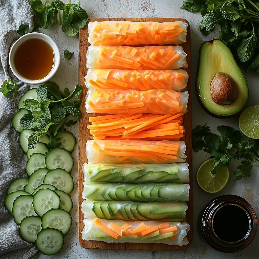 A vibrant flat lay of fresh vegetable spring roll ingredients arranged neatly on a clean white surface: ten translucent rice paper wrappers stacked slightly fanned out, bright orange julienned carrots in a small ceramic bowl, crisp green cucumber sticks arranged parallel, vivid red julienned bell pepper grouped in a small pile, a ripe avocado sliced into smooth green wedges on a rustic wooden board, fresh mint leaves and cilantro sprigs placed loosely nearby showcasing delicate leaf textures. A small white bowl with creamy light brown peanut butter sits next to a glass dish containing dark soy sauce, alongside a halved lime and a tiny jar of golden honey. Soft natural lighting highlights the vivid colors and fresh textures, minimal shadows, with some scattered herbs and a folded linen napkin adding to the composition’s organic and inviting feel. overhead shot, top down view, flat lay photography, professional food styling --ar 1:1 --q 2 --s 750 --v 6.1