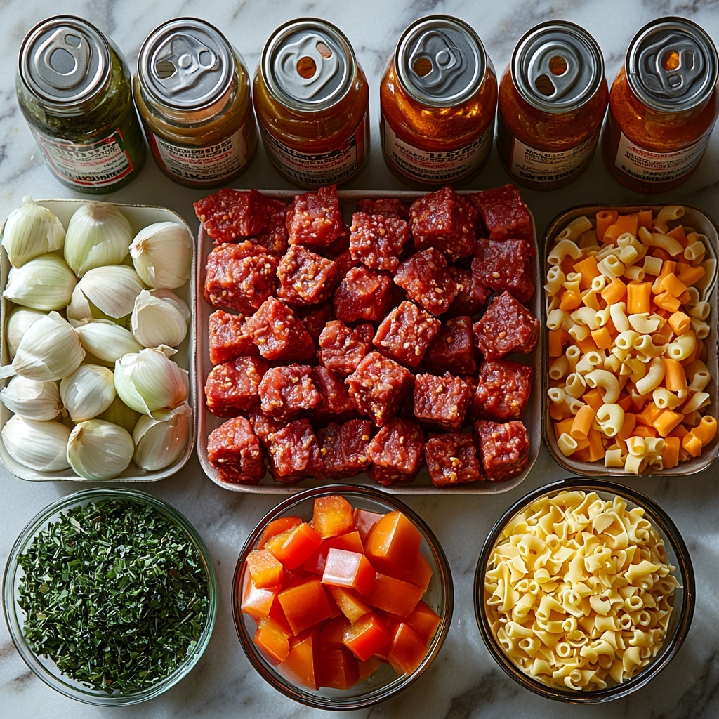 Olive oil in a small glass measuring spoon, diced white onion in a neat pile, bright green diced bell pepper arranged beside the onion, a mound of raw lean ground beef with rich red color and slightly glossy texture, minced garlic on a small white ceramic spoon, two cans of deep red tomato sauce with labels partially visible, two cans of petite diced tomatoes showing vibrant red and juicy tomato pieces through the open lid, a clear glass bowl filled with dark brown beef broth, a small vintage bottle of Worcestershire sauce with a rustic label, measuring spoons containing seasoned salt and Italian seasoning with fine grains and mixed dried herbs, three glossy bay leaves laid neatly side by side, a white bowl heaped with uncooked elbow macaroni noodles showing pale yellow color and smooth texture, a small bowl filled with shredded bright orange cheddar cheese with fine curls and slight sheen. All ingredients are arranged artfully on a clean white marble surface with natural soft daylight highlighting the varied textures and fresh colors, shadows softly diffused, styled minimalistically with some fresh herbs scattered subtly for contrast. Overhead shot, top down view, flat lay photography, professional food styling --ar 1:1 --q 2 --s 750 --v 6.1