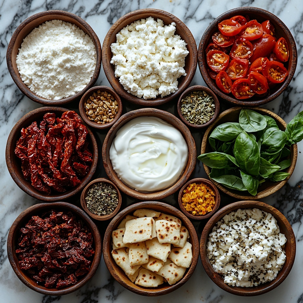 A clean white marble surface with all main ingredients for overnight stuffed flatbreads neatly arranged in separate small rustic bowls and scattered artfully around: a bowl of creamy white non-dairy yogurt with smooth texture, a mound of fine white flour dusted lightly nearby, small pile of golden beige instant yeast granules, a tiny heap of fine salt crystals, a small bowl filled with vibrant deep red chopped sun-dried tomatoes, a bowl of glossy dark purple chopped pitted olives, fresh bright green chopped baby spinach leaves loosely piled, fresh basil leaves with rich emerald green color and delicate texture, a bowl of soft white cream cheese with creamy texture, a small dish of mixed Italian seasoning showing flecks of dried herbs in green, brown, and reddish hues, and a scattering of light yellow nutritional yeast flakes. Soft natural light highlights the varied textures and fresh colors, with delicate shadows adding depth; minimal props keep focus on ingredients. Overhead shot, top down view, flat lay photography, professional food styling --ar 1:1 --q 2 --s 750 --v 6.1