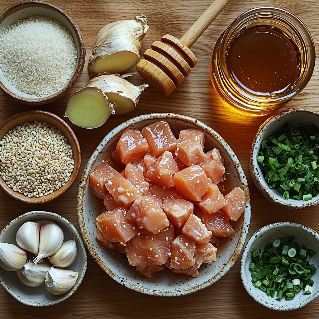 a clean, light wooden surface with all main ingredients neatly arranged for a flat lay photo: raw bite-sized chicken breast pieces in a small rustic bowl, a small glass bowl of dark soy sauce beside a golden honey jar with a wooden honey dipper, four whole garlic cloves and a small pile of finely minced garlic on a white ceramic spoon, a small mound of grated fresh ginger on a delicate porcelain dish, a tiny dish with red chili flakes showing a vibrant red color, a small bowl of white cornstarch powder, a small glass container of clear vegetable oil, a neat nest of uncooked pale beige rice noodles coiled on a white plate, bright green chopped scallions in a small bowl, and a scattering of toasted sesame seeds on a minimalist white ceramic plate; natural daylight highlighting glossy textures of honey and oil, soft shadows for depth, balanced composition with varied shapes and colors emphasizing freshness and simplicity, clean and minimal background to enhance ingredient colors; overhead shot, top down view, flat lay photography, professional food styling --ar 1:1 --q 2 --s 750 --v 6.1