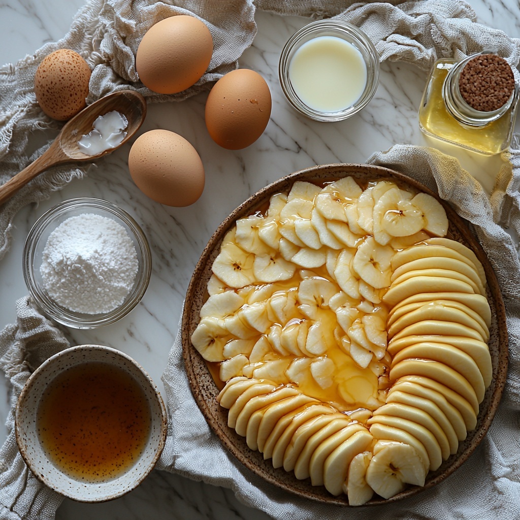 a clean white marble surface with main ingredients for caramel apple upside down cake arranged neatly: a small glass bowl of golden melted unsalted butter, a wooden spoon resting beside a mound of rich brown sugar, thinly sliced glossy peeled apple slices fanned out on a rustic ceramic plate, a small clear bowl of fine white granulated sugar, two large brown eggs with smooth shells placed on a linen napkin, a glass bottle of vanilla extract with a cork stopper, a white ceramic bowl filled with fluffy all-purpose flour, a small dish with fine white baking powder and a pinch of salt, a half cup glass measuring cup of creamy whole milk. soft natural light highlighting the warm tones and varied textures, minimalistic styling with light linen cloth and wooden utensils, subtle shadows adding depth, clean and bright background, overhead shot, top down view, flat lay photography, professional food styling --ar 1:1 --q 2 --s 750 --v 6.1