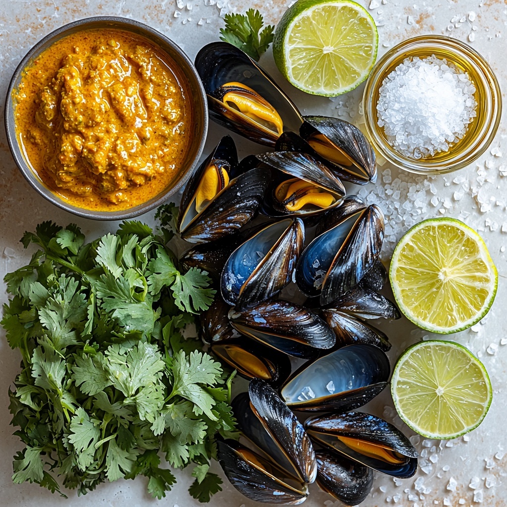 A clean white surface with all main ingredients for Easy Coconut Curry Mussels carefully arranged for flat lay photography: a small bunch of fresh bright green cilantro leaves chopped and whole, a medium lime halved with one half juiced and the other cut into vibrant wedges, a cluster of shiny black mussels with their shells closed, a small bowl of creamy white unsweetened coconut milk, a neat pile of deep red curry paste, two glossy cloves of garlic minced finely, a small heap of finely chopped pale green and white leek pieces, a small clear glass with a splash of translucent white wine, two tablespoons of golden olive oil in a shallow dish, and a sprinkle of coarse white kosher salt crystals scattered lightly nearby. The ingredients are styled with natural soft daylight, sharp focus on textures — the roughness of the leek, the smooth coconut milk surface, the glossy mussel shells — minimal shadows, and plenty of negative space around. The scene is clean and airy, emphasizing freshness and vibrant colors with a bright, inviting feel. Overhead shot, top down view, flat lay photography, professional food styling --ar 1:1 --q 2 --s 750 --v 6.1
