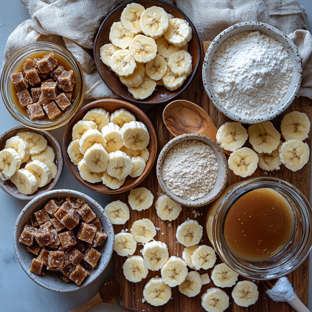 toffee bits in a small rustic bowl, extra caramel sauce in a glossy glass jar with a wooden spoon, fresh sliced bananas neatly fanned on a white ceramic plate, 1 and 1/2 cups all purpose flour in a measuring cup with a small flour dusting around it, baking powder, baking soda, salt, and ground cinnamon each in tiny white porcelain spoons arranged in a row, a half cup of unsalted butter softened and cut into cubes on a small wooden board, 3/4 cup granulated sugar and 1/4 cup packed light brown sugar in clear glass bowls showing their distinct textures, 2 tablespoons vegetable oil in a small transparent jug, 1/2 cup sour cream in a delicate glass bowl, 2 large brown eggs resting on a natural linen cloth, 1 and 1/2 teaspoon pure vanilla extract in a tiny glass bottle with a cork, 2-3 overripe large bananas partly mashed in a white bowl with visible creamy texture, tools like a wooden spoon, whisk, and small sifter subtly placed nearby; all ingredients carefully spaced on a clean matte white surface with soft natural light casting gentle shadows, warm neutral tones highlighting the rich browns, creamy whites, and golden caramel hues, styled with minimal rustic props and slight flour dusting for an inviting, cozy feel — overhead shot, top down view, flat lay photography, professional food styling --ar 1:1 --q 2 --s 750 --v 6.1