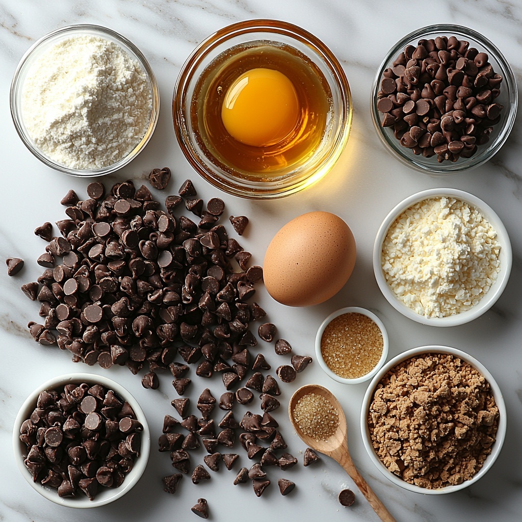 browned unsalted butter in a small glass bowl showing rich golden color and foamy texture, packed brown sugar in a neat pile with deep amber crystals, granulated white sugar in a small white ceramic dish, a single large brown egg on a clean white surface, a small clear glass bowl with dark sticky molasses, a tiny bowl with golden vanilla extract, sifting bowl with all-purpose flour finely spooned and leveled showing soft powdery texture, separate small bowls with baking soda, ground cinnamon, ground ginger, ground allspice, and ground nutmeg all displaying warm earthy tones in fine powders, a small pinch of salt in a white porcelain spoon, a generous heap of semisweet chocolate chips glossy and dark brown scattered beside some extra chips, a clear glass measuring cup with translucent liquid egg whites, a sleek white bowl with fine granulated sugar, a small container of cream of tartar, vanilla extract in delicate amber hue, all ingredients carefully spaced on a pristine white marble countertop, natural soft light casting gentle shadows emphasizing textures and colors, minimalistic rustic props such as a wooden spoon and a linen napkin nearby to enhance warm homely feel, clean composition highlighting each element distinctly, overhead shot, top down view, flat lay photography, professional food styling --ar 1:1 --q 2 --s 750 --v 6.1