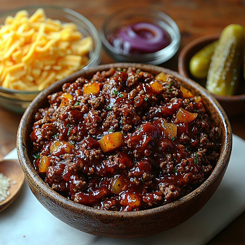 ground beef in a rustic bowl with rich red and brown tones, a small clear glass measuring cup filled with water reflecting light, a small bowl of deep reddish-brown barbecue sauce with a glossy texture, a vintage spoon holding a dollop of smooth yellow prepared mustard, a small heap of dried minced onions showing delicate flaky texture, a rustic ceramic dish with coarse black pepper, a mound of uncooked instant rice grains in soft off-white, a bowl overflowing with shredded cheddar cheese in vibrant orange-yellow shreds, a small glass bowl with chopped bright green dill pickles glistening with moisture, crispy, golden-brown cooked and crumbled bacon strips arranged artfully nearby, all ingredients spaced evenly on a clean, white marble surface with soft natural lighting casting gentle shadows, styled with minimal props to emphasize textures and colors, overhead shot, top down view, flat lay photography, professional food styling --ar 1:1 --q 2 --s 750 --v 6.1