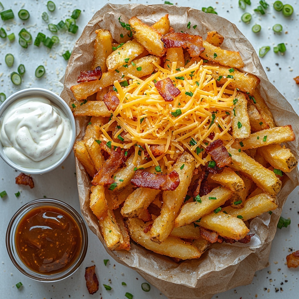 Frozen golden french fries spilling from a rustic brown paper bag onto a clean white surface, a small bowl of shredded sharp orange cheddar cheese with its soft texture visible nearby, a scattering of crispy crumbled reddish-brown bacon pieces arranged artfully beside the cheese, a smooth white ceramic bowl filled with creamy off-white sour cream, a small clear glass cup containing rich, glossy dark brown gravy sitting next to the sour cream, fresh green onions thinly sliced into delicate rings scattered around for a pop of vibrant green color, subtle crumbs and a few stray fries adding natural texture, bright natural lighting highlighting the warm tones and contrasting colors, minimal shadows, styled with casual elegance, overhead shot, top down view, flat lay photography, professional food styling --ar 1:1 --q 2 --s 750 --v 6.1