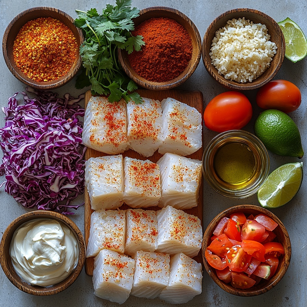 A bright, clean flat lay of fresh and colorful ingredients for crispy fish taco bowls arranged neatly on a smooth white surface. Visually appealing piles and small bowls featuring: raw white fish fillets with subtle flaky texture; a small mound of all-purpose flour dusted lightly; a rustic mix of paprika, garlic powder, cayenne pepper, salt, and pepper displayed in tiny ceramic bowls showcasing warm reds and earth tones; a glass bowl of creamy buttermilk with a slight sheen; golden, coarse panko breadcrumbs in a wooden bowl; a small carafe or bottle of clear vegetable oil with a gentle glint; cooked rice fluffy and white; shredded purple and green cabbage strands adding vibrant crunch; perfectly ripe avocado sliced to reveal smooth creamy green flesh; bright red diced tomatoes glistening fresh with juice droplets; a bunch of fresh cilantro leaves vivid green and fragrant; halved lime wedges showing juicy, shiny pulp; a small bowl of sour cream mixed with lime juice and chili powder, creamy white with a tint of red; all elements spaced thoughtfully with natural light highlighting textures and colors. Soft shadows and a minimalist, modern styling with rustic accents, natural bamboo cutting board and linen napkin subtly in frame. Overhead shot, top down view, flat lay photography, professional food styling --ar 1:1 --q 2 --s 750 --v 6.1
