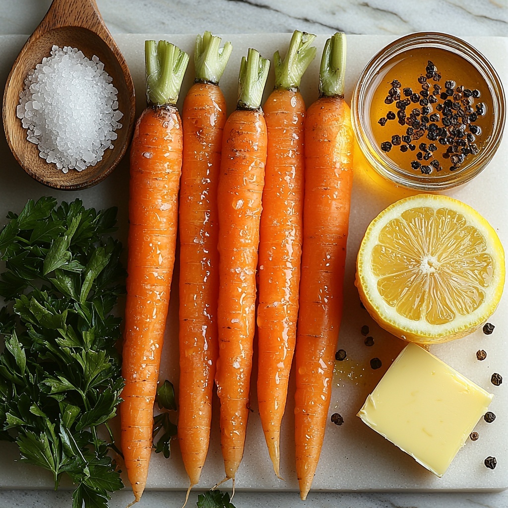 baby carrots with bright orange hues, small piles of coarse salt crystals, smooth sticks of golden butter, a small glass bowl of amber honey with a glossy shine, a rustic pile of crumbly dark brown sugar, half a fresh lemon with vibrant yellow flesh and textured rind, a scattering of coarse black peppercorns and fresh chopped parsley leaves with deep green color; all ingredients artfully arranged on a clean white marble surface with natural soft daylight casting gentle shadows, emphasizing contrasting textures and vivid colors, styled with minimal rustic props like a wooden spoon and linen napkin nearby, creating a warm inviting atmosphere, overhead shot, top down view, flat lay photography, professional food styling --ar 1:1 --q 2 --s 750 --v 6.1