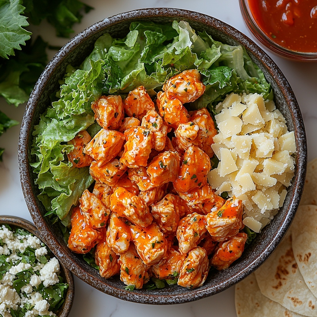 2 cups cooked chicken strips coated in vibrant orange-red buffalo sauce in a rustic ceramic bowl, a small glass bowl of bright red Franks Red Hot Sauce with a glossy shine, fresh chopped romaine lettuce leaves in various shades of green spread loosely on a white marble surface, a separate bowl with creamy Caesar dressing mixed with grated pale yellow parmesan cheese showing fine textured cheese specks, a small pile of grated parmesan cheese with delicate curls, two large soft flour tortillas laid flat with a light dusting of flour on top, all ingredients arranged neatly but naturally with some scattered loose lettuce pieces and cheese shavings for an organic feel, natural soft daylight highlighting textures and colors, shadows soft and diffused, minimalist clean white background to emphasize freshness and vibrancy, slight overhead angle for depth, overhead shot, top down view, flat lay photography, professional food styling --ar 1:1 --q 2 --s 750 --v 6.1