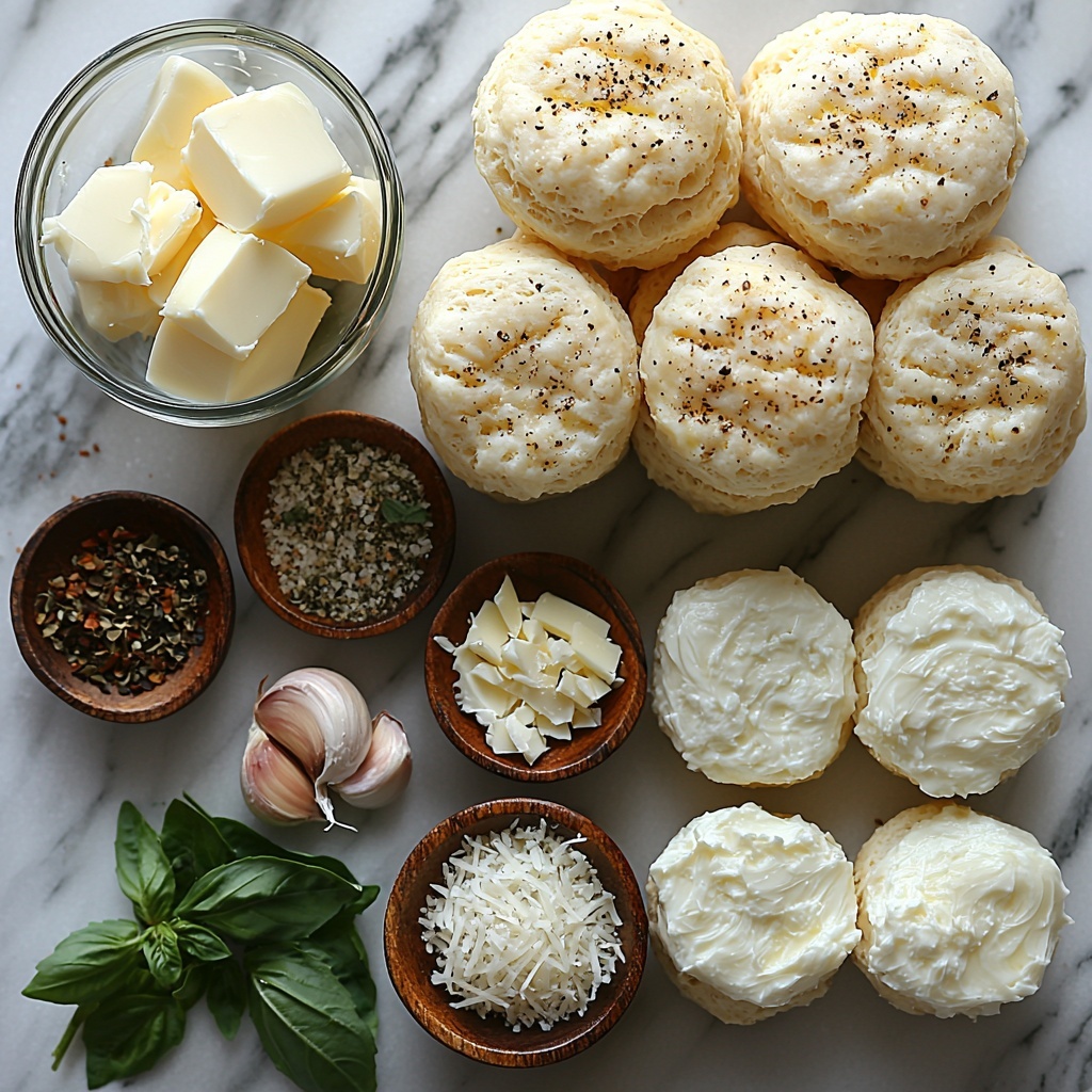 A clean white marble surface featuring the main ingredients for Pillsbury Biscuit Cheese Bombs arranged in a balanced flat lay: a neat stack of 8 golden refrigerated biscuit dough rounds with soft, pillowy texture; a small rustic bowl filled with shredded white mozzarella cheese alongside a few diced string cheese pieces showcasing creamy, slightly stretchy texture; a small glass bowl of melted golden butter glistening under soft light; a tiny wooden spoon resting beside small piles of fine white garlic powder, dried Italian seasoning in mixed green and brown hues, and a pinch of coarse sea salt crystals; warm natural lighting highlighting subtle shadows and textures, minimalistic styling with a few fresh herb sprigs casually placed for a pop of green, all items spaced evenly for visual harmony, clean and bright aesthetic, overhead shot, top down view, flat lay photography, professional food styling --ar 1:1 --q 2 --s 750 --v 6.1