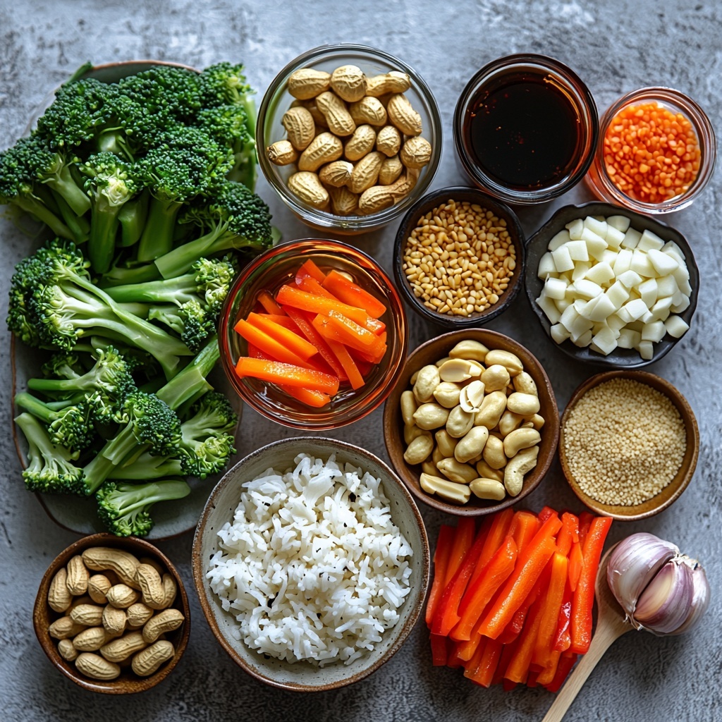 Creamy peanut butter in a small bowl, golden honey drizzle in a glass jar, dark soy sauce in a delicate ceramic dish, raw garlic cloves scattered, a small bottle of vibrant red hot sauce, clear glass measuring cups with peanut oil and olive oil, fresh green broccoli florets neatly clustered, bright orange julienned baby carrots arranged in neat rows, sliced glossy red bell pepper strips fanned out, raw boneless chicken breasts with a light dusting of cornstarch and visible seasoning specks (paprika, white pepper, salt), whole cornstarch powder in a small bowl, a mound of fluffy cooked white rice on a simple ceramic plate, fresh green onions sliced diagonally, roughly chopped peanuts spilling naturally from a small wooden scoop — all meticulously laid out on a pristine white surface with subtle natural light casting gentle shadows, capturing varied textures from creamy, smooth, and glossy to fresh, crisp, and powdery, arranged harmoniously to highlight color contrast and freshness, minimalistic clean styling with rustic wooden utensils and a light linen napkin partially visible, emphasizing an inviting and organized cooking preparation scene — overhead shot, top down view, flat lay photography, professional food styling --ar 1:1 --q 2 --s 750 --v 6.1
