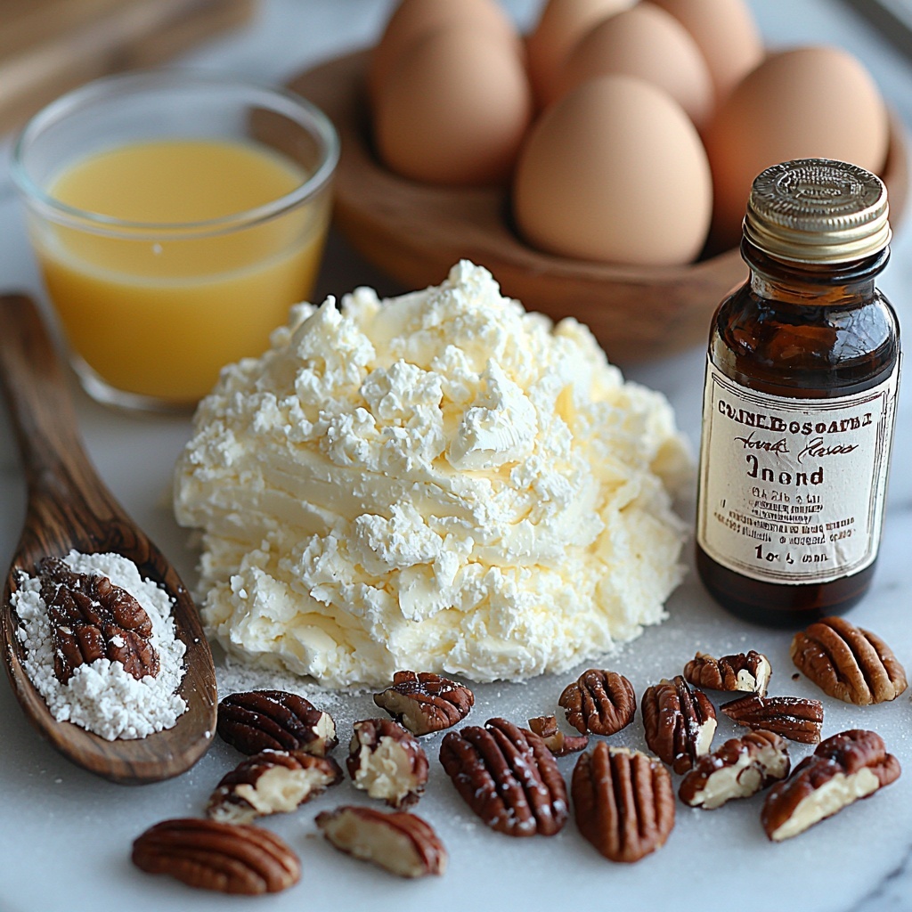 3/4 cup salted butter (soft, pale yellow block), 5 ounces cream cheese (smooth, creamy white), 1 1/2 cups all-purpose flour (fine, powdery white heap), 1 1/2 cups dark brown sugar (rich, moist, deep amber crystals), 2 tablespoons melted salted butter (golden liquid in a small glass bowl), 2 large eggs (smooth brown shells), 1/2 teaspoon maple extract (small amber bottle with label), 1/2 cup finely chopped pecans (roughly textured light brown pieces), 36 pecan halves (glossy, curved, warm brown, arranged neatly in a small cluster); all ingredients artfully arranged on a clean, white matte surface to emphasize natural colors and textures; rustic wooden spoon and small glass bowls enhance the scene; soft natural light casting gentle shadows to highlight contrasts between smooth, creamy, and crunchy textures; warm, cozy color palette with subtle hints of amber and cream; minimalistic styling with negative space for an inviting, organized layout; overhead shot, top down view, flat lay photography, professional food styling --ar 1:1 --q 2 --s 750 --v 6.1