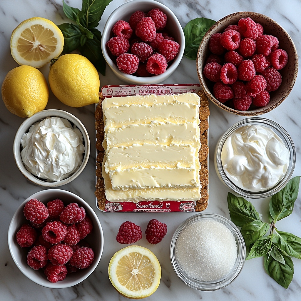 a beautifully arranged flat lay of ingredients for raspberry lemon cheesecake on a clean white marble surface. Include a stick of golden salted butter on a small white dish, four whole graham cracker sheets stacked neatly, a small clear bowl of fine graham cracker crumbs, a rustic bowl filled with bright red fresh raspberries, a small white ramekin holding fine white sugar, a large block of smooth cream cheese with a vintage label, a glass bowl of granulated sugar sparkling in the light, four fresh brown eggs arranged in a soft linen cloth nest, a small glass measuring cup with pale creamy heavy cream, a white ceramic bowl with silky sour cream, a small plate featuring fresh vibrant yellow lemon zest curls and a halved lemon showing juicy bright yellow interior, and a small glass bowl with clear vanilla extract. The composition is clean and minimal with soft natural daylight, subtle shadows for depth, and delicate green lemon leaves scattered artistically around for color contrast. Overhead shot, top down view, flat lay photography, professional food styling --ar 1:1 --q 2 --s 750 --v 6.1