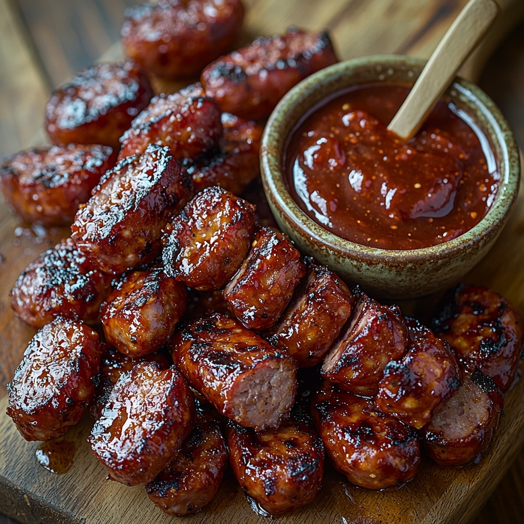 800 grams of skinless smoked sausage sliced into 2.5 cm pieces with a rich, reddish-brown color and slightly glossy texture; a bowl of thick, deep reddish-brown barbecue sauce with a shiny, sticky surface; ingredients arranged on a clean, light wooden surface with a natural, warm tone; sausage slices neatly scattered on one side showing the smokey, textured interior and smooth edges; the barbecue sauce in a small rustic ceramic bowl placed nearby with a small wooden spoon resting inside; a few sausage pieces dipped partially in the sauce to show coating and contrast; soft, natural lighting highlighting the glossy sauce and moist texture of the sausage; subtle shadows adding depth and dimension; minimalist styling with plenty of negative space to emphasize the ingredients and colors; overhead shot, top down view, flat lay photography, professional food styling --ar 1:1 --q 2 --s 750 --v 6.1