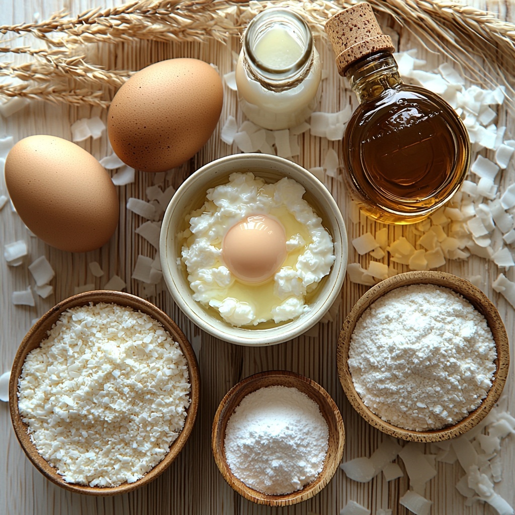 A clean, bright kitchen surface with all the main ingredients for coconut cream pancakes carefully arranged in an inviting flat lay composition. Two fresh brown eggs in a small ceramic bowl, a glass measuring cup filled with creamy, rich organic full-fat coconut milk, and a rustic small bowl of golden coconut sugar with its fine crystals visible. A small white ramekin holds glossy melted coconut oil. Next to it, a dollop of smooth, tangy sour cream in a delicate porcelain dish. A tiny glass bottle with a wooden stopper contains vanilla or almond extract, its amber hue catching soft light. A neat pile of white all-purpose flour with a dusting of baking powder nearby, showing fine powdery texture. A small dish of fine sea salt crystals glistens subtly. A heap of fluffy, snow-white shredded unsweetened coconut adds texture contrast. Coconut cooking spray bottle with minimalist labeling is casually placed. Natural light casting soft shadows highlights the varied textures—from creamy and smooth to powdery and flaky—arranged harmoniously on a clean white or pale wood surface. Overhead shot, top down view, flat lay photography, professional food styling --ar 1:1 --q 2 --s 750 --v 6.1