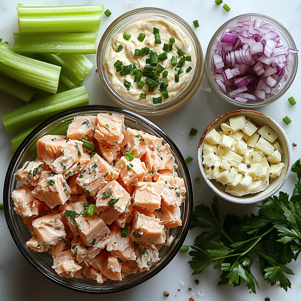 Tuna salad ingredients arranged flat lay on a clean white marble surface: two open cans of flaky light pink tuna, a small glass bowl with creamy white mayonnaise, finely diced pale green celery pieces in a neat pile, small mound of vibrant purple-red diced red onion, a small heap of bright green chopped parsley and chives, a tiny rustic white ceramic spoon with smooth yellow Dijon mustard, scattered coarse kosher salt crystals, and freshly ground black pepper sprinkled around. Soft natural lighting enhances the subtle textures of the tuna flakes and creamy mayonnaise, with gentle shadows adding depth. Minimalist styling with a few fresh parsley sprigs placed artistically for color contrast, all ingredients spaced evenly for visual balance. Overhead shot, top down view, flat lay photography, professional food styling --ar 1:1 --q 2 --s 750 --v 6.1