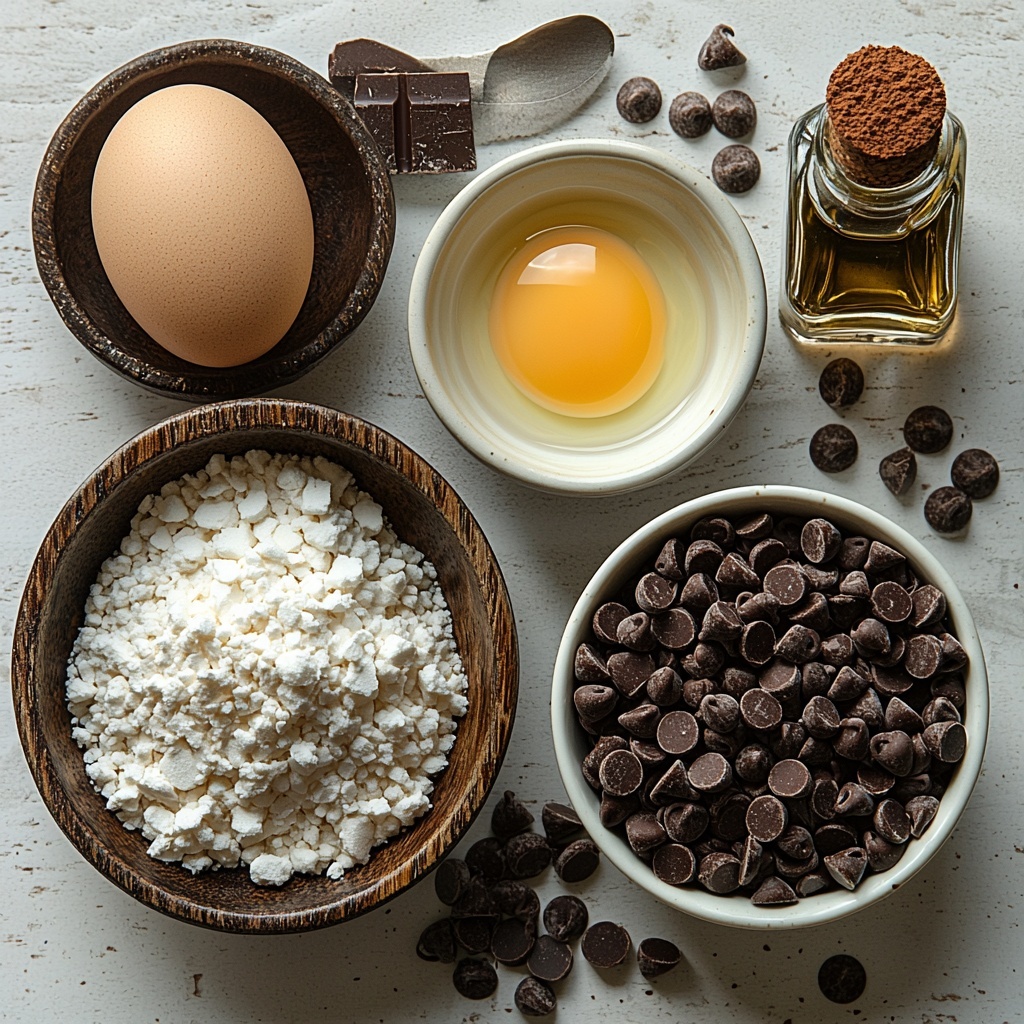 3 egg whites in a small clear glass bowl with light reflections, a white ceramic bowl filled with granulated white sugar, a small rustic wooden bowl containing fine unsweetened dark brown cocoa powder, a white ramekin overflowing with glossy semi-sweet chocolate chips, a small glass vial with a cork stopper holding clear vanilla extract, all carefully arranged on a clean matte white surface with soft natural light creating gentle shadows. The ingredients are spaced evenly in a harmonious circular layout with subtle props like a silver spoon and a linen napkin nearby to add texture contrast. The composition emphasizes the varying textures: powdery cocoa, shiny chocolate chips, granular sugar, and smooth egg whites, creating an inviting and elegant visual narrative. Overhead shot, top down view, flat lay photography, professional food styling --ar 1:1 --q 2 --s 750 --v 6.1