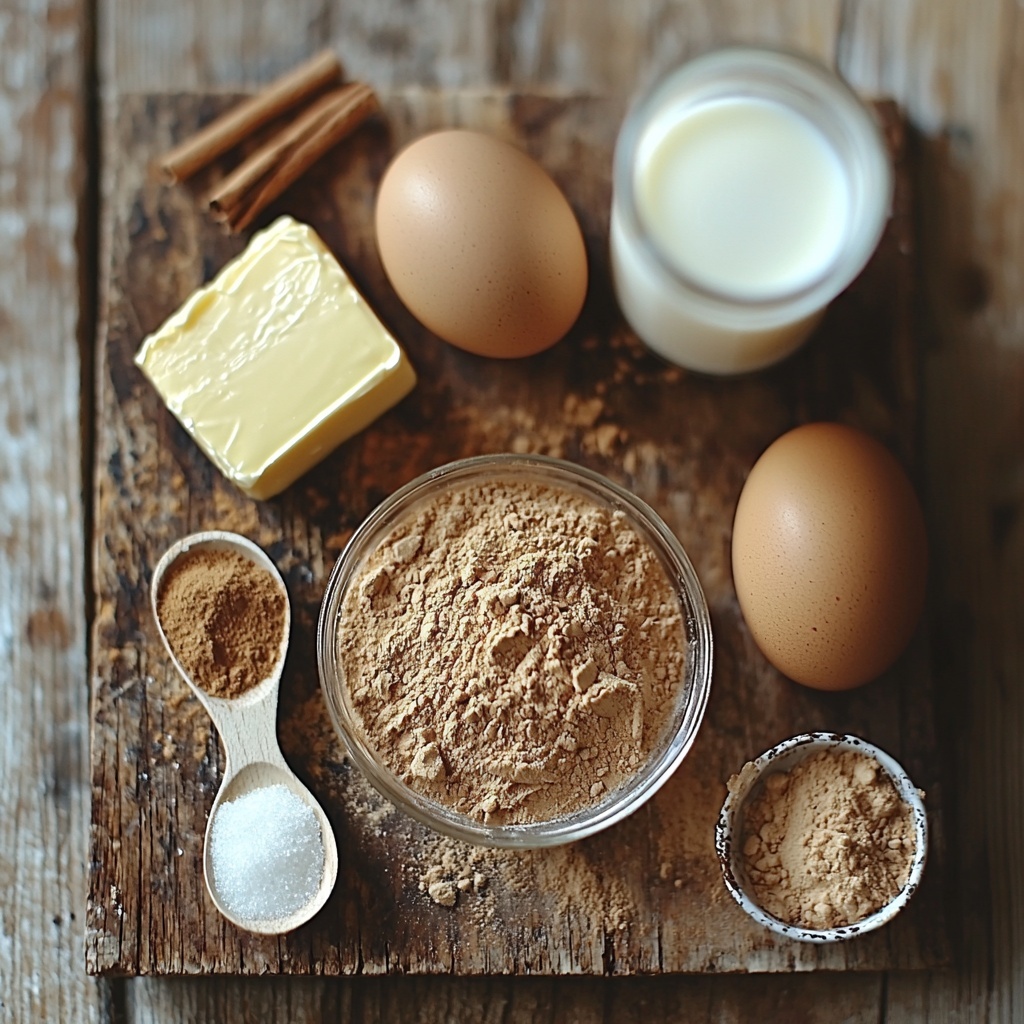 all-purpose flour in a small clear glass bowl showing fine white powder texture, teaspoon measuring spoon with baking powder and cinnamon powder sprinkled nearby, small pinch of salt crystals on a white ceramic spoon, smooth golden-brown Biscoff spread dolloped on a rustic wooden board, granulated white sugar in a neat small pile with some scattered crystals, half a cup of creamy unsalted butter in room temperature forming soft yellow curls, two large brown eggs with smooth shells placed side by side, a small transparent glass of cold milk with slight condensation, arranged neatly on a clean, light wooden surface with soft natural daylight coming from the side creating gentle shadows, minimalistic styling with a neutral linen napkin folded delicately in one corner, subtle hints of warm tones to complement the Biscoff spread, composition balanced to draw eye around each ingredient, overhead shot, top down view, flat lay photography, professional food styling --ar 1:1 --q 2 --s 750 --v 6.1