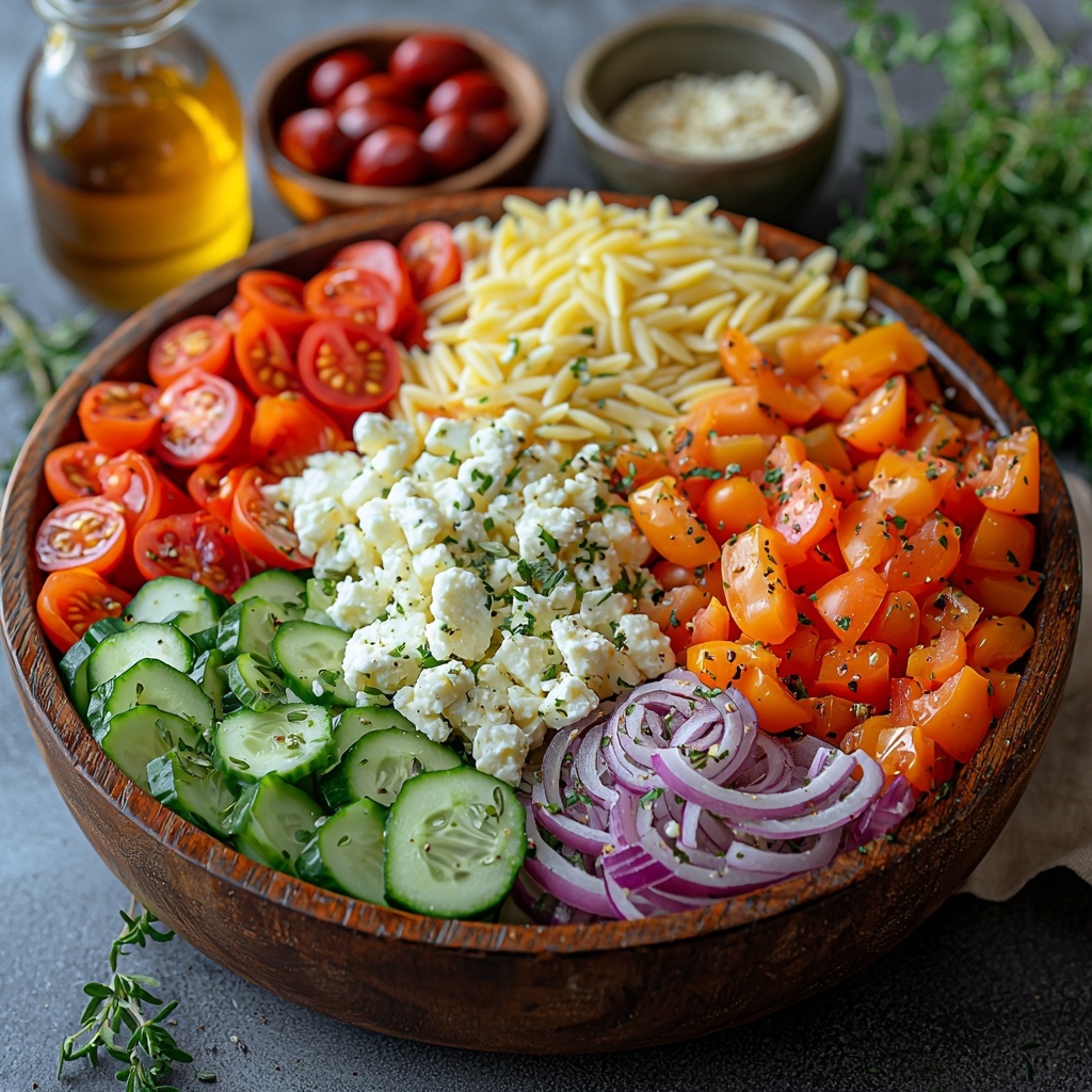 a bright and vibrant flat lay of Mediterranean Orzo Salad ingredients arranged neatly on a clean white surface: uncooked orzo pasta in a small rustic bowl, halved glossy red and yellow grape tomatoes scattered artfully, thin slices of crisp hot house cucumber fanned out, thinly sliced translucent red onion rings in a delicate pile, diced bright orange pepper in a small ceramic dish, whole green pepperoncini peppers grouped together, rough chunks of crumbly white feta cheese on a small wooden board, a few shiny Kalamata and green olives casually placed nearby, a small glass jar of golden extra-virgin olive oil with soft light reflections, a tiny bowl of deep red wine vinegar, small dishes containing pale garlic powder, dried oregano flakes, red pepper flakes, Dijon mustard with a smooth texture, a tiny drizzle of honey in a clear spoon, and coarse salt and cracked black pepper crystals in small bowls — all ingredients spaced evenly with natural shadows, capturing the vibrant colors and varied textures, styled with fresh green oregano sprigs and linen napkins for contrast, emphasizing freshness and Mediterranean charm — overhead shot, top down view, flat lay photography, professional food styling --ar 1:1 --q 2 --s 750 --v 6.1