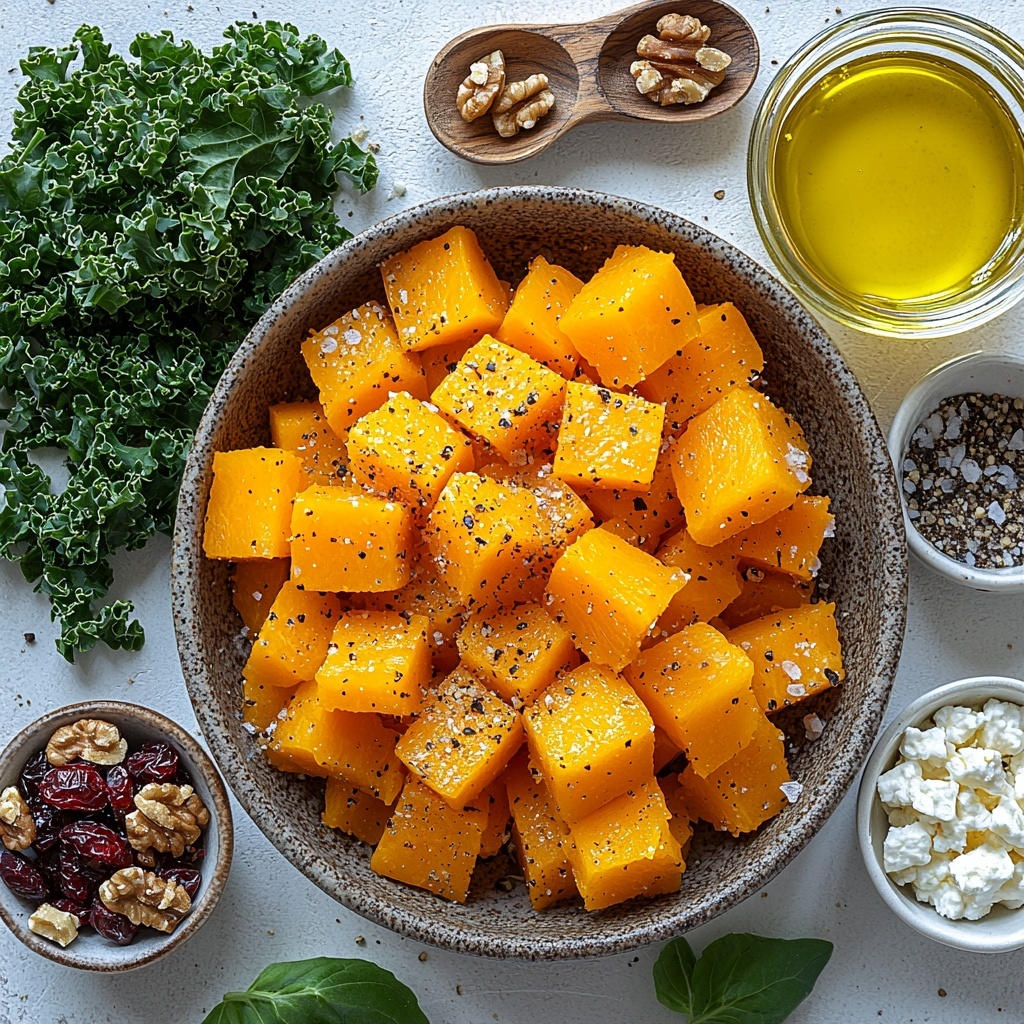 butternut squash cubes, bright orange, neatly piled in a small rustic bowl; golden olive oil in a small glass jar with a drizzle on the white surface; ceramic spoons holding Italian seasoning and garlic powder, fine textures visible; coarse sea salt and cracked black pepper in tiny white dishes; fresh baby kale leaves, deep green and crisp, loosely scattered; half cup of shelled walnuts, warm brown tones, some whole and some broken; dried cranberries, rich red and glossy, arranged in a small bowl; crumbled feta cheese, soft white chunks in a small bowl with extra sprinkled on the surface; a small glass bowl of pale yellow lemon juice; all ingredients laid out on a clean, matte white background with soft natural light casting gentle shadows, minimal props to emphasize colors and textures, styled with fresh green sprigs and subtle linen cloth accents for warmth, overhead shot, top down view, flat lay photography, professional food styling --ar 1:1 --q 2 --s 750 --v 6.1