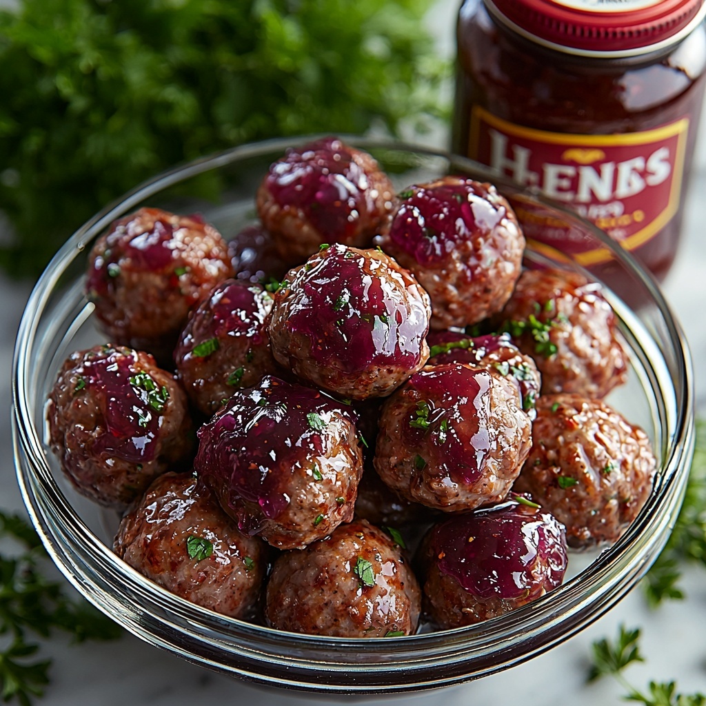 Frozen homestyle meatballs in a clear glass bowl showing their textured, browned exterior; a vibrant, glossy jar of deep purple grape jelly with a spoon inside; a bright red bottle of Heinz chili sauce with bold label visible; all ingredients neatly arranged on a clean white marble surface with soft natural lighting enhancing the rich colors and shiny textures; subtle shadows for depth, small sprigs of fresh parsley scattered around for a pop of green contrast; minimalistic and crisp composition emphasizing the raw ingredients before cooking; overhead shot, top down view, flat lay photography, professional food styling --ar 1:1 --q 2 --s 750 --v 6.1