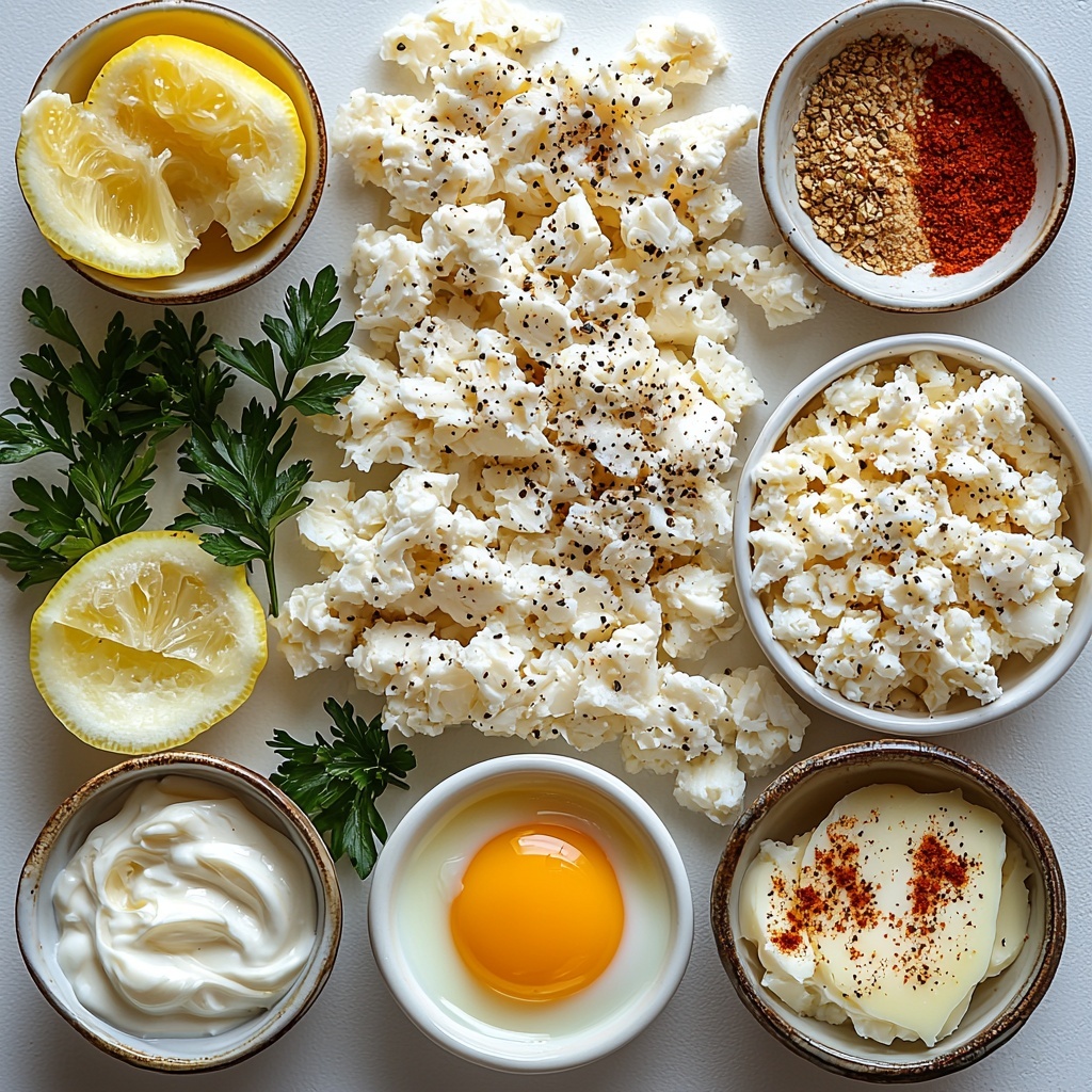 Lump crab meat in large succulent chunks, creamy mayonnaise in a small glass bowl, a lightly beaten large egg in a white ceramic dish, Dijon mustard and Worcestershire sauce in delicate small spoons, fresh lemon wedge with bright yellow color, Old Bay seasoning and paprika sprinkled lightly on a white surface, coarse salt and cracked black pepper in tiny ramekins, finely diced vibrant red bell pepper neatly piled, freshly chopped green parsley leaves scattered artfully, melted golden butter in a small clear dish, plain golden breadcrumbs in a shallow bowl – all arranged thoughtfully on a clean, bright white matte surface to highlight natural colors and textures. Soft natural light from the side casts gentle shadows, enhancing the freshness and appeal of each ingredient, with minimal props to keep the focus on the vivid, contrasting colors and varied textures of the seafood components. Overhead shot, top down view, flat lay photography, professional food styling --ar 1:1 --q 2 --s 750 --v 6.1