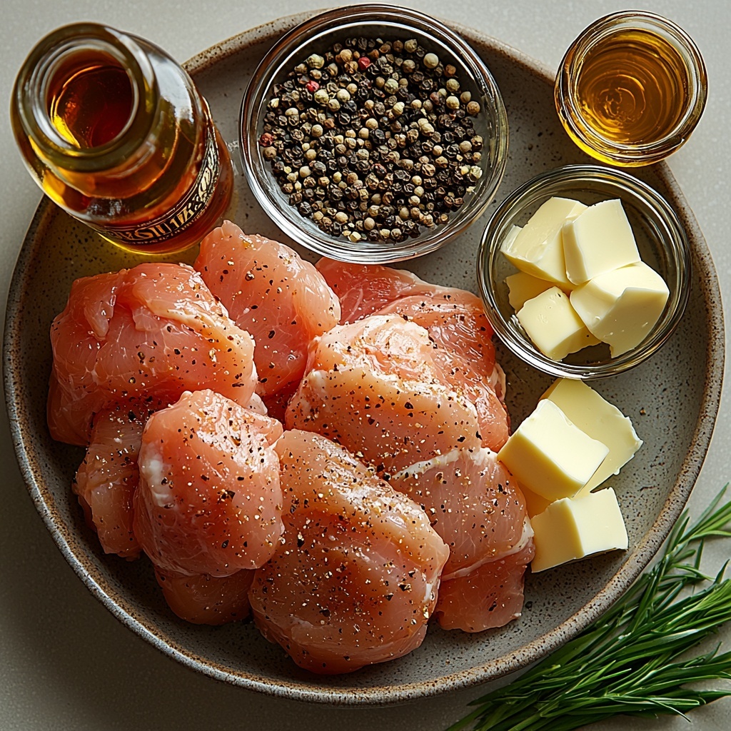 4 boneless, skinless chicken breasts raw and plump with a smooth pale pink surface, small glass bowl of coarse sea salt and freshly ground black pepper with fine and coarse textures, a small clear glass bowl with golden olive oil shimmering under soft light, a whiskey bottle labeled Irish whiskey next to a small shot glass filled with amber whiskey, a white ceramic bowl filled with rich, thick heavy cream, a small mustard jar with Dijon mustard showing creamy yellow color, a vintage-style brown Worcestershire sauce bottle with visible label, two garlic cloves whole and peeled with smooth off-white skin, one medium onion halved and finely chopped with translucent white and pale purple hues, a clear measuring cup with light golden chicken broth, a small dish of creamy yellow butter, fresh bright green parsley leaves roughly chopped in a small white ramekin, finely sliced fresh green chives scattered artistically nearby, all ingredients neatly spaced on a clean white matte surface with soft natural lighting highlighting varied textures and colors, slight shadows for depth and dimension, styled with minimal rustic props such as a wooden spoon and linen napkin nearby for warmth and inviting feel, overhead shot, top down view, flat lay photography, professional food styling --ar 1:1 --q 2 --s 750 --v 6.1