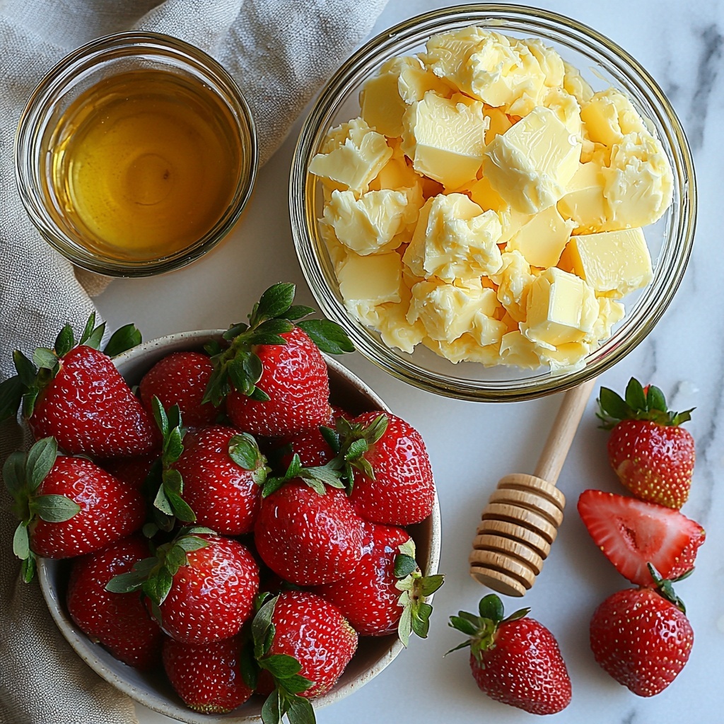 A clean white marble surface with a neat arrangement of main ingredients for strawberry butter: a small bowl of softened pale yellow butter whipped fluffy, a clear glass bowl of bright red chopped and mashed strawberries showing juicy texture, a small dish of glossy golden honey with a slight shimmer, a small glass of clear water, and a few whole fresh strawberries with vivid red color and green leaves placed artistically nearby. Include a wooden spoon with a dollop of creamy butter-honey mixture and a textured linen napkin gently folded on the side. Soft natural light casting delicate shadows, emphasizing vibrant colors and contrasting creamy and juicy textures, styled with minimal rustic props for an inviting, fresh feel. Overhead shot, top down view, flat lay photography, professional food styling --ar 1:1 --q 2 --s 750 --v 6.1