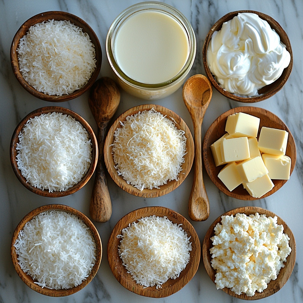 butter, sweetened condensed milk can, unsweetened shredded coconut, coconut milk in a glass jar, heavy cream in a small bowl, all ingredients neatly arranged on a clean white marble surface, vibrant textures of creamy butter, glossy condensed milk, fluffy white shredded coconut, smooth coconut milk and cream, natural daylight highlighting the soft, creamy and snowy white tones, rustic wooden spoon placed diagonally, subtle shadows adding depth, minimalistic styling with a touch of tropical warmth, overhead shot, top down view, flat lay photography, professional food styling --ar 1:1 --q 2 --s 750 --v 6.1
