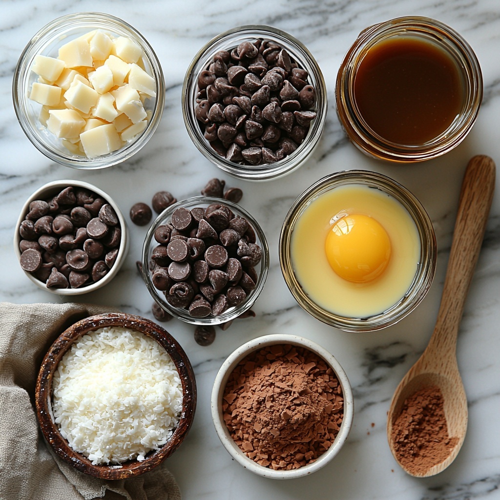 A clean white marble surface with all main ingredients for Samoas Cookie Pie meticulously arranged in a visually balanced flat lay: a small glass bowl of melted golden butter shining with a smooth texture; next to it a cracked large brown egg with yolk visible in a delicate white dish; a rustic small wooden scoop filled with packed light brown sugar, its grains sparkling warmly; a tiny glass bottle of rich amber vanilla extract with a cork top; a neat mound of pale beige all-purpose flour dusted slightly loose; a tiny porcelain spoon holding fine white salt crystals; a clear glass ramekin overflowing with shiny semi-sweet chocolate chips, glossy and dark; a loosely filled measuring cup heaped with fluffy, bright white sweetened shredded coconut showing its fibrous texture; a vintage tin can partially opened revealing the thick, creamy, ivory sweetened condensed milk; a small glass bowl of golden, glossy salted caramel sauce with a luscious viscous drip; another bowl with melted semi-sweet chocolate chips, smooth and shiny for drizzling. Ingredients are arranged symmetrically with natural daylight casting soft shadows to highlight textures and colors, styled with a neutral linen napkin and a wooden spoon casually placed nearby for a warm, inviting aesthetic. Overhead shot, top down view, flat lay photography, professional food styling --ar 1:1 --q 2 --s 750 --v 6.1