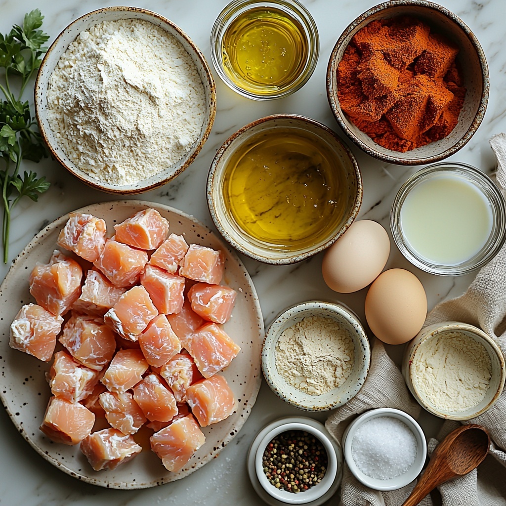 A bright, clean kitchen surface with main ingredients for Chick-Fil-A copycat chicken nuggets artfully arranged in a visually balanced flat lay. On one side, raw boneless skinless chicken thighs cut into bite-sized pieces on a white ceramic plate, showcasing their pale pink texture. Next to it, a small glass bowl filled with golden vegetable oil catching soft light reflections. A vintage measuring cup with creamy whole milk beside a small white bowl containing a whisked large egg, the pale yellow yolk visible through slightly frothy white. Another bowl holds a fluffy mound of all-purpose flour mixed with cornstarch, sprinkled with fine white powdered sugar on top. Small individual white dishes contain neatly portioned spices: bright paprika powder in rusty orange, ground black pepper in deep black specks, kosher salt as glistening white crystals, and garlic powder in soft off-white. A small clear glass with light green dill pickle juice adds a fresh pop of color. Textures contrast nicely: smooth milk and egg mixture, coarse flour and spices, tender chicken, and shiny oil droplets. Subtle shadows emphasize dimension, styled with a neutral linen cloth partially draped and a wooden spoon resting gently nearby for warmth. The overall palette is warm and inviting with natural light enhancing soft contrasts and vibrant ingredient colors. Overhead shot, top down view, flat lay photography, professional food styling --ar 1:1 --q 2 --s 750 --v 6.1