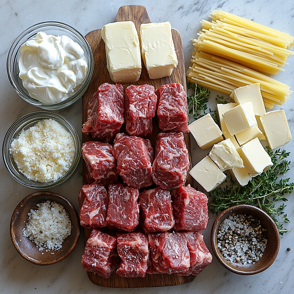 Steak tips, raw sirloin or ribeye pieces with marbled red and white fat, seasoned with reddish-brown Cajun spice blend; uncooked rigatoni pasta, golden yellow tubular pasta with ridges; small pile of finely grated Parmesan cheese, pale ivory and textured; cup of rich heavy cream in a clear glass measuring cup, smooth and creamy white; two garlic cloves, creamy off-white, partially peeled to show papery texture; two tablespoons of golden butter, one as a small pat and one melted in a small dish; glossy olive oil in a small glass container, deep green-gold color; small bowl of shredded mozzarella or Fontina cheese, soft white strands; coarse sea salt crystals and freshly ground black pepper in small rustic bowls, contrasting white and black specks. All ingredients arranged neatly on a clean matte white surface with natural soft lighting casting gentle shadows, enhancing textures and colors. A sprig of fresh parsley or herbs casually placed for a pop of green. Ingredients spaced evenly with slight overlaps to create depth, styled with a minimalistic and elegant feel. Overhead shot, top down view, flat lay photography, professional food styling --ar 1:1 --q 2 --s 750 --v 6.1