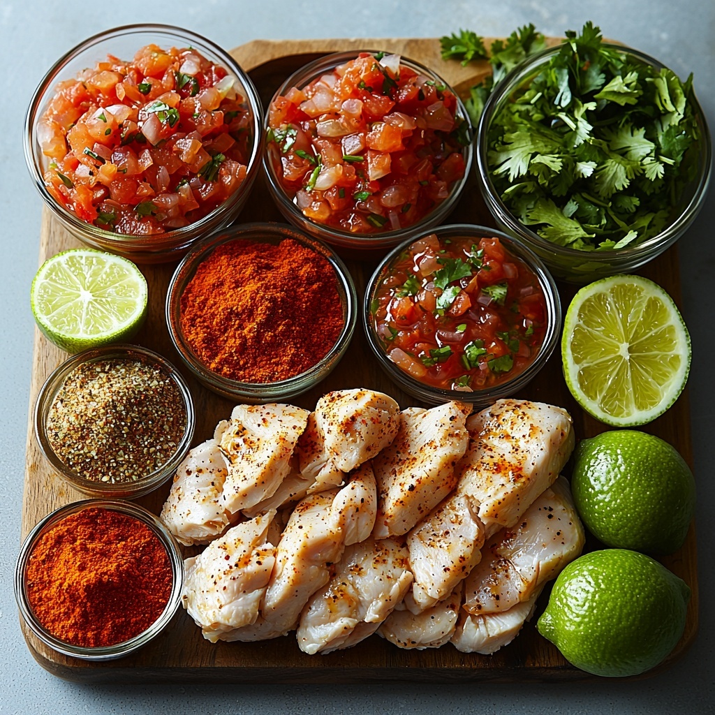 boneless skinless chicken breasts, small bowls of chili powder, cumin, paprika, garlic powder, and onion powder arranged neatly, a vibrant bowl of red salsa, fresh limes cut in halves and wedges with bright green skin and juicy interiors, a clear glass measuring cup filled with light chicken broth, all ingredients laid out on a clean white surface with natural soft lighting emphasizing the rich colors and varied textures, rustic wooden spoons nestled near the spices, fresh herbs subtly placed for a pop of green, slight shadows for depth, crisp and clean styling with a balanced composition, overhead shot, top down view, flat lay photography, professional food styling --ar 1:1 --q 2 --s 750 --v 6.1