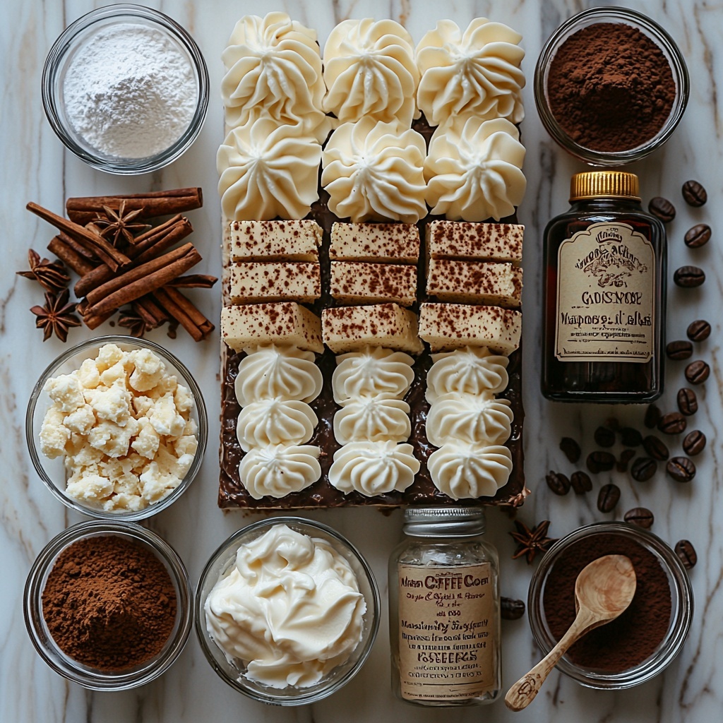 flat lay photography of gingerbread tiramisu ingredients arranged neatly on a clean white marble surface: a rustic ceramic cup filled with dark strong brewed coffee beside a small glass bottle of amber coffee liqueur with wooden cork, a clear glass bowl of glossy heavy cream whipped to soft peaks, an elegant bowl holding smooth creamy mascarpone cheese, a small dish of fine white powdered sugar, a vintage spoon next to vanilla extract bottle, small glass bowls with warm brown ground ginger, cinnamon, and cloves, a stack of golden-brown gingerbread cookies with visible spices, a small sieve with rich dark cocoa powder scattered artistically nearby, natural soft daylight casting gentle shadows, warm inviting color palette, textures ranging from fluffy cream to crumbly cookies, all ingredients spaced evenly but organically arranged to highlight variety and freshness, overhead shot, top down view, flat lay photography, professional food styling --ar 1:1 --q 2 --s 750 --v 6.1