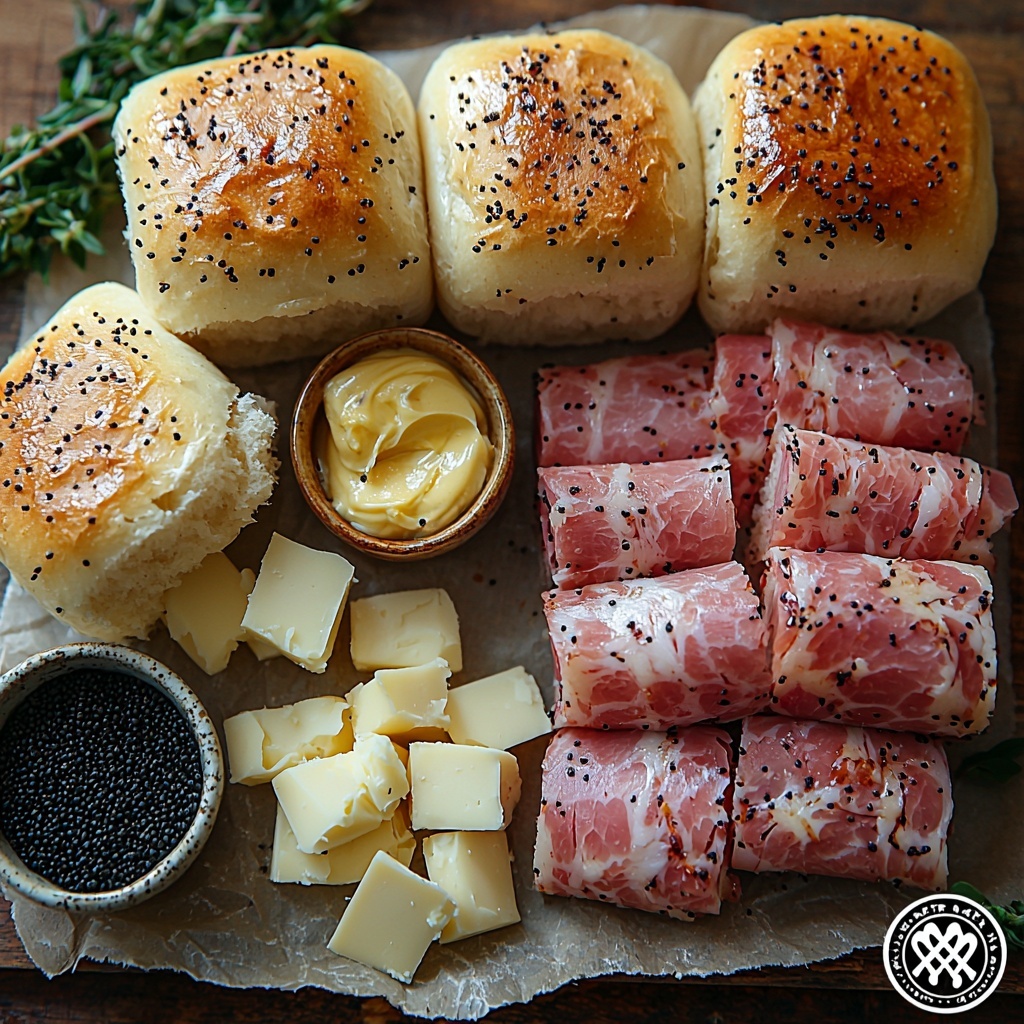 A clean, light wooden surface showcasing the main ingredients for ham and cheese sliders artfully arranged for flat lay photography. Twelve soft, pillowy Hawaiian rolls with a glossy golden-brown crust are neatly aligned in a semi-circle on the left side. Nearby, a small vintage ceramic bowl holds melted golden butter with a glossy sheen. Next to it, a tiny dish contains smooth, pale yellow Dijon mustard, alongside a small ramekin of dark, glossy Worcestershire sauce. A delicate scattering of tiny black poppy seeds and light tan onion flakes are casually sprinkled on a small white porcelain spoon and around the bowls for texture. On the right, stacks of thinly folded pinkish-hued deli ham slices overlap, revealing marbled fat for a tender appearance. Below, neatly sliced Swiss cheese with a pale cream color and signature holes fans out on crinkled parchment paper, adding softness and light contrast. The scene is bright and airy with natural daylight, soft shadows, and a touch of rustic elegance, evoking freshness and inviting warmth. Overhead shot, top down view, flat lay photography, professional food styling --ar 1:1 --q 2 --s 750 --v 6.1