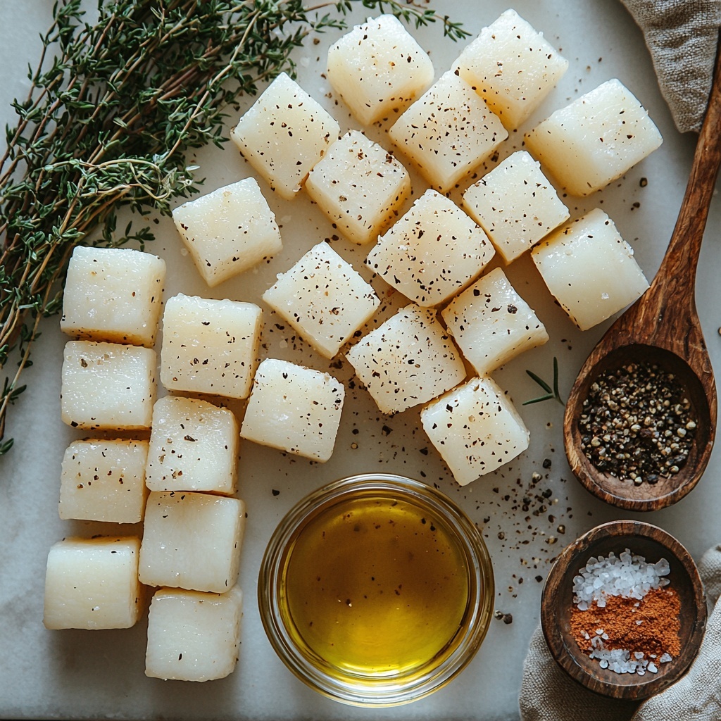 A clean white marble surface with ingredients neatly arranged for a rustic roasted turnips recipe: peeled turnip chunks in irregular 1-inch cubes showing their creamy off-white color and smooth texture, a small glass bowl of golden olive oil glistening under soft light, dried thyme sprigs scattered delicately beside a small bowl of coarse ground rosemary, a wooden spoon holding fine garlic powder, tiny piles of coarse sea salt crystals and cracked black peppercorns artistically spaced around the turnips. The composition balances natural earth tones—creamy whites, muted greens, warm golds, pale browns—against the crisp white backdrop, with soft natural lighting creating gentle shadows and highlighting textures. Minimal kitchen tools like a rustic wooden bowl and a linen napkin add warmth and authenticity. Overhead shot, top down view, flat lay photography, professional food styling --ar 1:1 --q 2 --s 750 --v 6.1