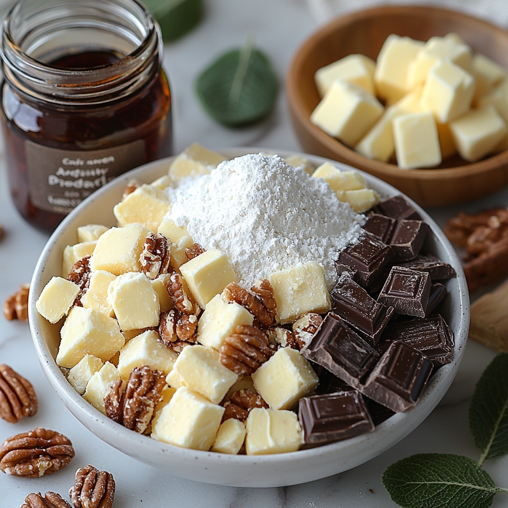 finely crushed graham crackers in a small white bowl showcasing golden, crumbly texture; half cup of chopped nuts (walnuts and pecans) artfully scattered nearby displaying rich brown hues and natural rugged shapes; a pristine heap of powdered sugar with a soft, snowy white powder texture on a smooth ceramic plate; half cup of unsalted butter cut into neat cubes resting on rustic parchment paper, creamy pale yellow and slightly glossy; a small glass jar of deep amber Cherry Bourbon Extract with reflective highlights, next to a clear glass bowl containing a non-alcoholic substitute with a similar color; 8 ounces of glossy semi-sweet chocolate chunks arranged in a wooden bowl showing dark rich brown tones and smooth sheen; all ingredients arranged neatly and spaced apart on a clean white marble surface, slight natural shadows adding depth, minimalistic styling with a few delicate green leaves for color contrast, soft natural light from the side to emphasize textures and colors, clean and crisp atmosphere, overhead shot, top down view, flat lay photography, professional food styling --ar 1:1 --q 2 --s 750 --v 6.1