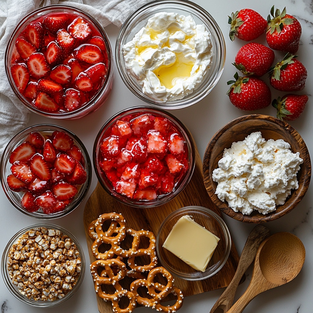 A clean, bright white surface neatly arranged with the main ingredients for Strawberry Pretzel Salad: a small bowl of vibrant red strawberry Jell-O glistening gently, a clear glass filled with steaming 2 cups of boiling water creating subtle steam, a wooden cutting board holding hulled and sliced fresh strawberries vividly red with glossy texture, a small mound of golden crushed salted pretzels with coarse, crunchy texture beside melted golden butter melting softly in a small heatproof bowl, a bowl of fluffy cream cheese mixed with granulated sugar showing soft, creamy white swirls, and a separate bowl of smooth, snowy white Cool Whip with a light airy texture. Scattered whole salted pretzels add rustic charm along with a small measuring cup of granulated sugar pearly white and fine. The ingredients are spaced evenly with careful styling using natural soft light casting gentle shadows to enhance textures and vibrant colors, styled with minimal props—a clean linen napkin folded nearby and a wooden spoon resting gently to one side. The composition is balanced and inviting, evoking freshness and homemade warmth. Overhead shot, top down view, flat lay photography, professional food styling --ar 1:1 --q 2 --s 750 --v 6.1