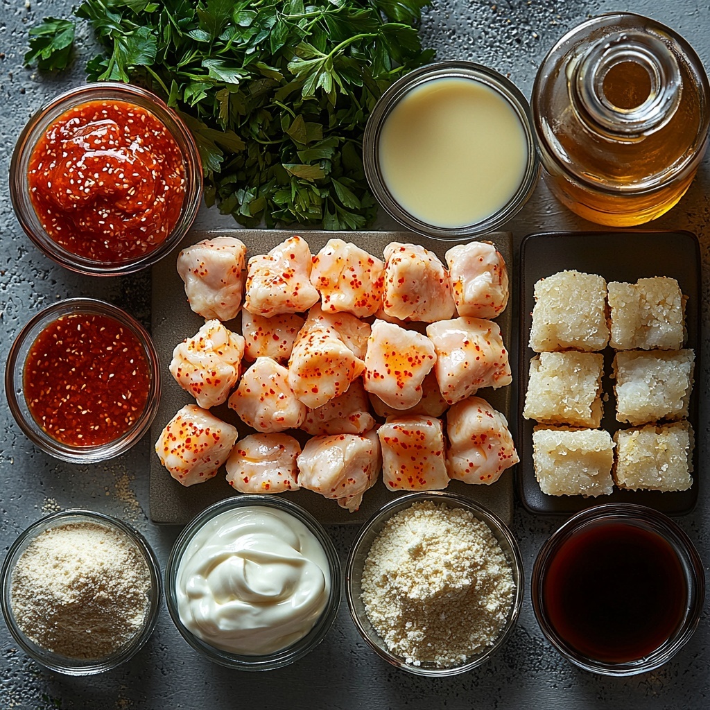a clean, bright surface with all main ingredients for Spicy Bang Bang Chicken arranged artfully in a flat lay composition: a small bowl of creamy white mayonnaise, a glossy bowl of vibrant red-orange Thai sweet chili sauce, a tiny dish of deep red Sriracha sauce, a drizzle of golden honey in a small glass container; raw boneless, skinless chicken tenderloins pale pink and neatly stacked, a glass bowl of smooth white buttermilk, a shallow white dish with a powdery mix of all-purpose flour and cornstarch dusted lightly with specks of garlic powder, salt, black pepper, and cayenne pepper; a bowl with a glossy beaten egg mixed with Sriracha showing swirls of orange and yellow, a heap of coarse, golden panko breadcrumbs with a crisp texture, a small bottle or jar of clear golden canola oil, and fresh bright green chopped parsley sprinkled artistically nearby; balanced arrangement with some ingredients in small glass bowls and others loose or piled gently, natural soft daylight illuminating the scene emphasizing color contrasts and textures from creamy, glossy, powdery to crumbly; minimal shadows, clean white background, careful spacing to highlight each element’s unique characteristics, styled with rustic chopsticks and a linen napkin for warmth overhead shot, top down view, flat lay photography, professional food styling --ar 1:1 --q 2 --s 750 --v 6.1