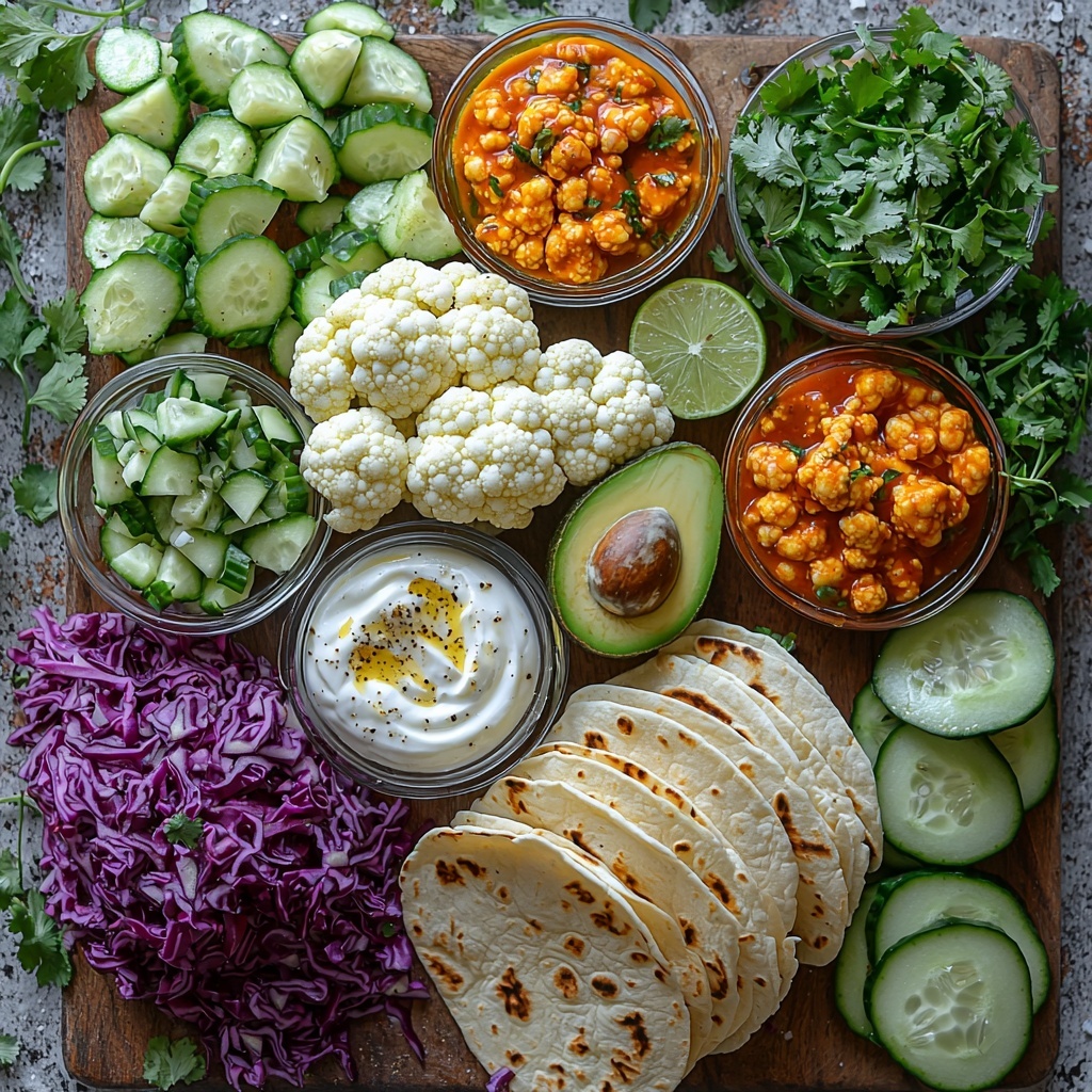 medium cauliflower head cut into florets, small glass bowl of olive oil, small bowls with garlic powder, onion powder, salt, and black pepper, small bowl filled with vibrant orange buffalo sauce, ripe avocado halved showing creamy green flesh, small bowl of creamy white Greek yogurt, wedge of lime with juice droplets, four large soft tortilla wraps neatly stacked, small plate of fresh cucumber slices, handful of chopped bright green cilantro, pile of shredded crisp lettuce and deep purple red cabbage arranged side by side; all ingredients carefully spaced on a clean white matte surface, natural light emphasizing the varied textures—fluffy cauliflower florets, smooth avocado flesh, glossy buffalo sauce, soft tortillas; pops of green, orange, and purple providing vivid color contrast; minimal shadowing, styled with a few fresh cilantro sprigs and lime wedges as accents, simple rustic props such as wooden spoons and linen napkins gently placed at corners; overhead shot, top down view, flat lay photography, professional food styling --ar 1:1 --q 2 --s 750 --v 6.1