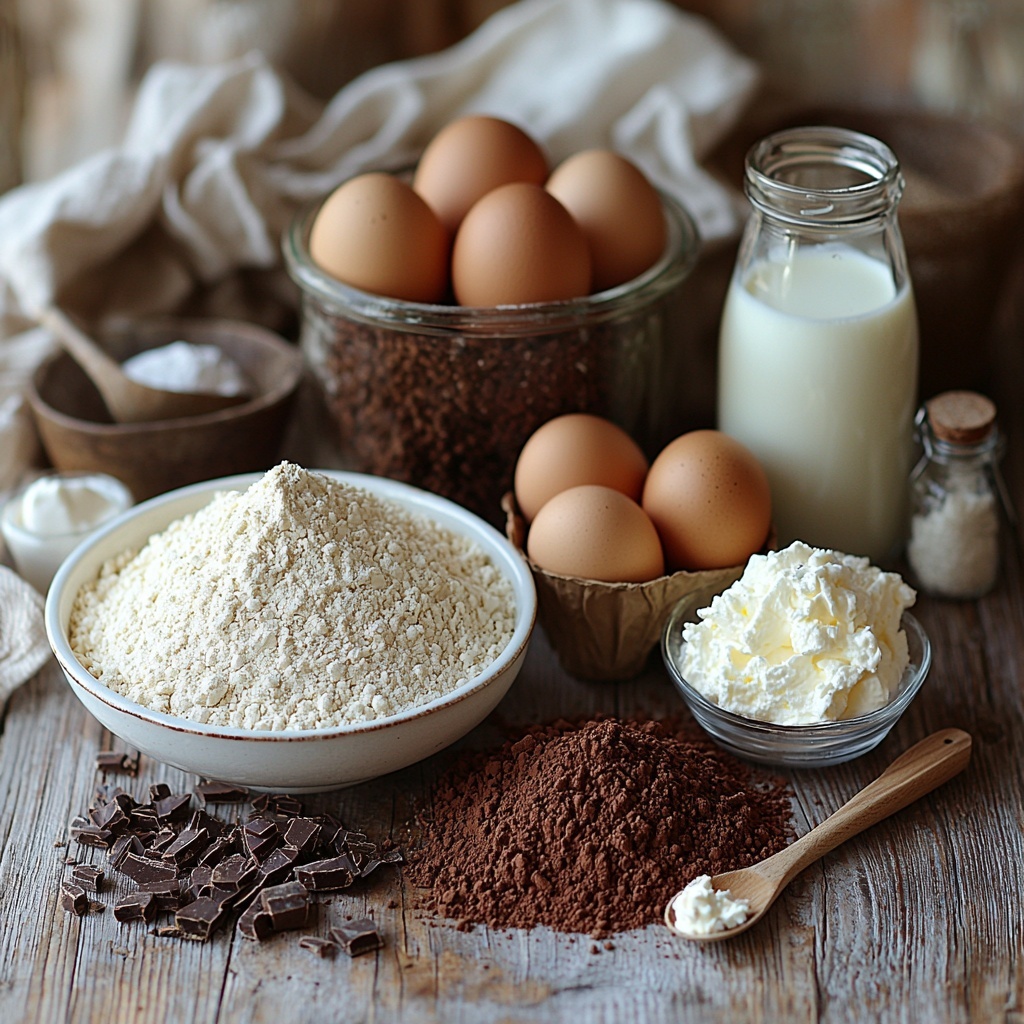 A clean white or light wooden surface neatly arranged with the main ingredients for a Neapolitan Layer Cake: a small mound of all-purpose flour in a simple white ceramic bowl, granulated sugar in a glass jar with a silver spoon beside it, a small heap of rich, dark unsweetened cocoa powder on a rustic wooden scoop, a pat of soft unsalted butter on a minimalistic butter dish, three fresh large brown eggs artistically placed next to each other, a small clear glass of creamy milk, a tiny glass bowl with glossy red strawberry puree showcasing vibrant color, a dollop of fluffy white whipped cream in a small porcelain ramekin, a delicate glass bottle with pale vanilla extract, and a small heap of light beige baking powder next to a pinch of fine salt in a neat ceramic spoon. The ingredients are spaced evenly with soft natural light casting gentle shadows, highlighting the varied textures from powdery to creamy to smooth eggshells. The setup is clean, bright, and inviting with subtle rustic props like a linen napkin and a wooden spoon partially visible to add warmth and authenticity. Overhead shot, top down view, flat lay photography, professional food styling --ar 1:1 --q 2 --s 750 --v 6.1