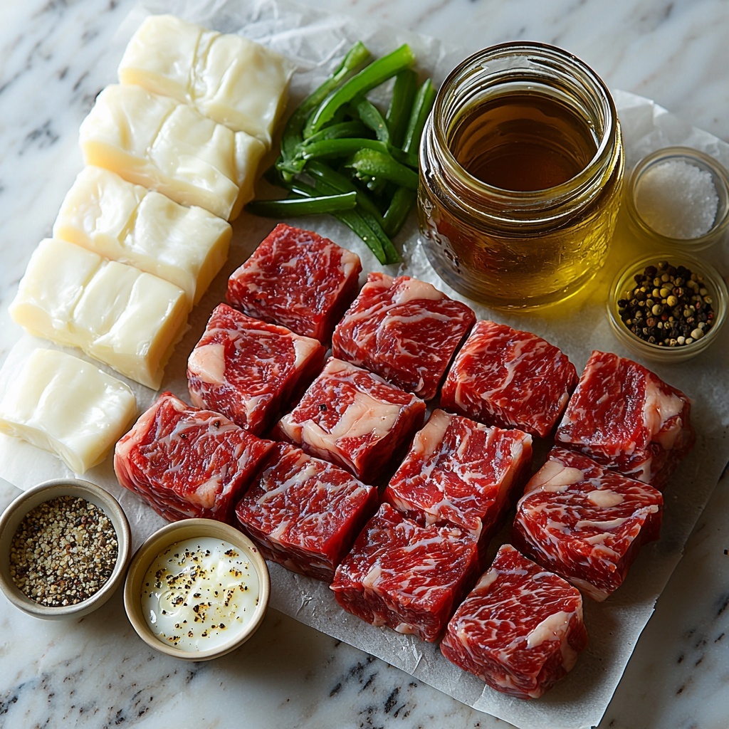 olive oil in a small glass jar with golden liquid glistening, thinly sliced pale purple onion rings arranged in a delicate pile, bright green bell pepper strips fanned out nearby, thinly sliced raw ribeye steak with marbled red and white texture laid flat on parchment paper, small bowls containing salt, black pepper, and garlic powder sprinkled artfully, a small dish with dark glossy Worcestershire sauce, unrolled crescent roll dough showing soft pale beige triangles with a slightly flaky texture, six slices of creamy white provolone cheese stacked neatly, a small bowl with a beaten egg showing glossy yellow and white swirls, a small ramekin of sesame seeds for garnish, all ingredients carefully spaced on a clean white marble surface to highlight their colors and textures, natural soft lighting creating gentle shadows and highlights, scattered fresh herbs for subtle contrast, minimal props to keep focus on ingredients, styled to feel fresh and inviting, overhead shot, top down view, flat lay photography, professional food styling --ar 1:1 --q 2 --s 750 --v 6.1