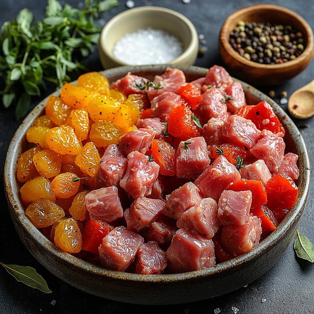 1.5 pounds boneless lamb or chicken thighs cut into chunks arranged in a small rustic bowl showcasing tender raw meat texture, 1 cup dried apricots grouped together displaying vibrant orange hues and wrinkled texture, 2 red bell peppers chopped into chunky pieces showing glossy, bright red surfaces, 2 yellow bell peppers chopped similarly with shiny golden-yellow color, 1 large red onion cut into squares revealing deep purple and white layers, 3 cloves garlic minced finely placed near a small wooden spoon, 2 tablespoons curry powder in a small ceramic dish with rich golden-yellow color and powdery texture, 2 tablespoons brown sugar in a small clear bowl showing coarse granules, 1/4 cup apple cider vinegar in a glass measuring cup with amber liquid catching light reflections, 2 tablespoons olive oil in a small white bowl with a glossy, golden sheen, 2 dried bay leaves laid flat to show texture and muted green tones, salt and black pepper scattered lightly around the scene as fine salt crystals and coarse black peppercorns — all ingredients carefully spaced and arranged on a clean, matte white surface with soft natural light casting gentle shadows, styled casually yet intentionally to highlight vibrant colors and contrasting textures, shot with subtle rustic props like wooden spoons and small ceramic bowls to add warmth and authenticity — overhead shot, top down view, flat lay photography, professional food styling --ar 1:1 --q 2 --s 750 --v 6.1