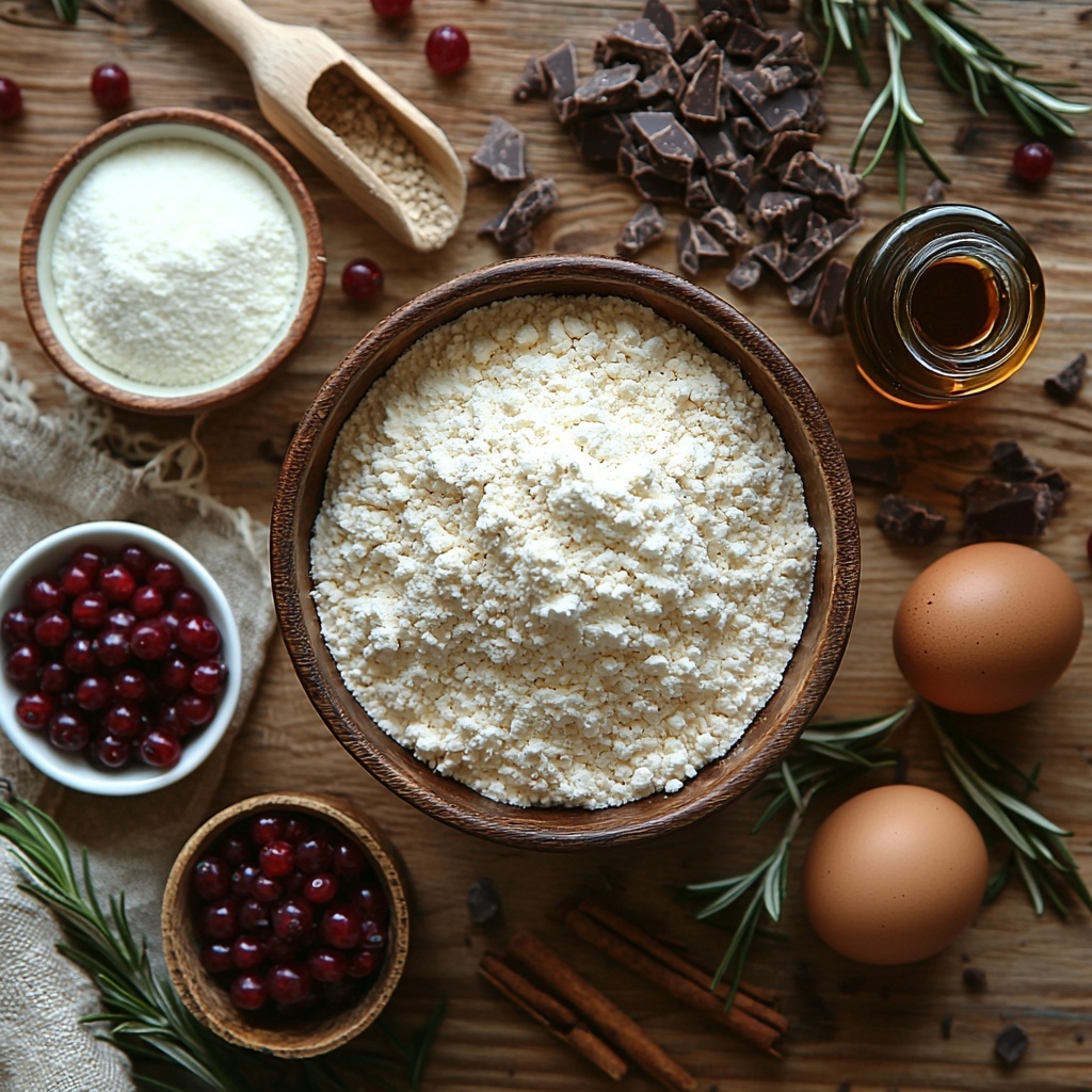 a flat lay of all-purpose flour in a small glass bowl with soft white powder texture, granulated sugar in a wooden scoop showing sparkling white crystals, unsweetened cocoa powder in a rustic ceramic bowl with rich dark brown powder, teaspoons of baking powder and baking soda in small white porcelain spoons, ground cinnamon, ground cloves, and ground nutmeg each in tiny clear bowls showcasing warm brown and reddish spices, a pinch of salt in a tiny bowl, a cup of creamy buttermilk in a clear measuring cup, a glass jar of golden vegetable oil, three large fresh brown eggs with smooth shells, a small bottle of vanilla extract with deep amber liquid, a bowl of glossy dark chocolate glaze with shiny texture, fresh bright red currants scattered in a small bowl and some loose on the surface, vibrant green fresh rosemary sprigs placed artfully beside the ingredients—all arranged neatly on a clean light wooden surface with soft natural lighting highlighting the contrasting colors and textures, minimal shadows, styled with rustic kitchen linen napkin and wooden utensils enhancing the cozy winter baking vibe—overhead shot, top down view, flat lay photography, professional food styling --ar 1:1 --q 2 --s 750 --v 6.1