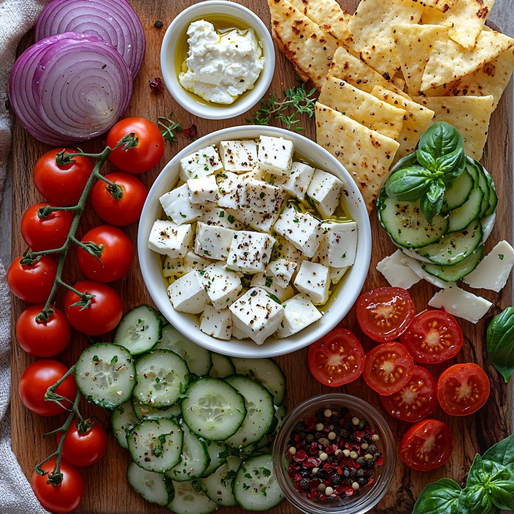 block feta cheese (8 oz) in a rustic white ceramic bowl, cream cheese (8 oz) in a small glass dish, halved bright red grape tomatoes scattered loosely, thinly sliced vibrant green hot house cucumber fanned out on a wooden cutting board, small mound of finely diced deep purple-red onion in a delicate white ramekin, small bowls of glossy dark purple Kalamata olives and golden amber extra-virgin olive oil, measuring spoons with dried oregano, basil, red pepper flakes, black pepper, and coarse sea salt arranged artistically, half a bright yellow lemon cut open with visible juice droplets, crunchy golden-brown pita chips and thinly sliced crostinis stacked casually on a warm linen napkin, all ingredients placed neatly on a clean matte white surface with soft natural lighting highlighting the fresh textures and vibrant colors, slight shadows for depth, subtle sprigs of fresh green herbs scattered gently for accent overhead shot, top down view, flat lay photography, professional food styling --ar 1:1 --q 2 --s 750 --v 6.1
