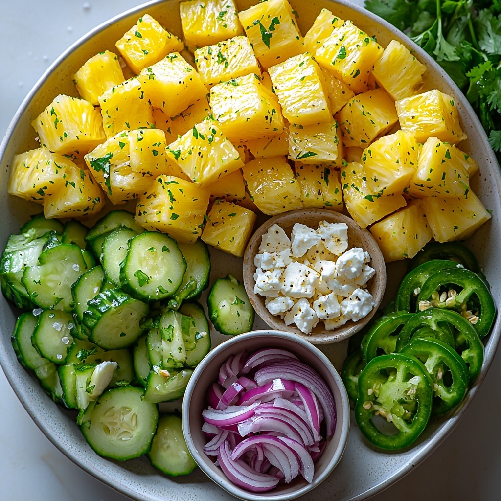 fresh diced pineapple chunks, large English cucumber diced into cubes, thin half-moon slices of cucumber, thinly sliced bright purple red onion, vibrant chopped fresh cilantro leaves, thin slices of green jalapeño, small pile of crumbled white feta cheese, small bowl with lime dressing made of fresh lime juice, golden honey, glossy olive oil, sprinkled coarse salt, black peppercorns, and red pepper flakes, all neatly arranged on a clean white surface, colors vivid and contrasting – bright yellow pineapple, cool green cucumber, deep purple onion, fresh green cilantro, crisp white feta, with textures ranging from juicy fruit to crumbly cheese, natural light highlighting freshness and moisture, minimal shadows, some ingredients in small simple bowls, slices and piles artfully spaced for visual balance, emphasizing freshness and vibrant summer flavors, overhead shot, top down view, flat lay photography, professional food styling --ar 1:1 --q 2 --s 750 --v 6.1