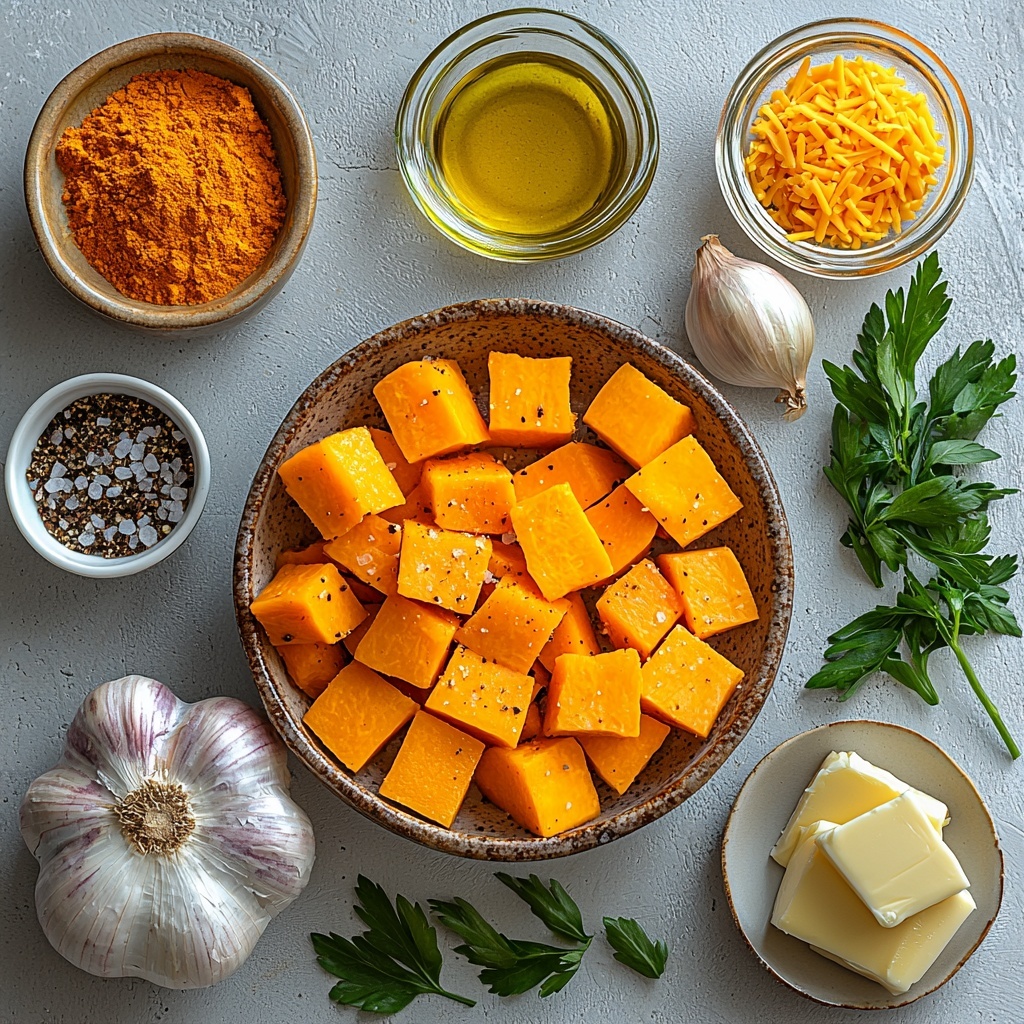 A clean white surface with an artful flat lay arrangement of main ingredients for creamy pumpkin soup: bright orange cubed cooking pumpkin and medium-sized peeled and sliced carrots clustered in a rustic ceramic bowl, a small glass bowl of golden avocado or olive oil nearby, unpeeled whole garlic cloves scattered loosely with papery skin textures visible, coarse crystals of pink Himalayan salt and black peppercorns in small white ceramic spoons, separate small dishes holding fine powders of onion powder, garlic powder, paprika, and a pinch of cayenne pepper in warm red and orange hues, a halved vibrant Vidalia onion showing translucent layers, a pat of creamy unsalted butter on a wooden butter dish, a clear glass measuring cup filled with golden vegetable broth, a small white bowl of silky off-white heavy whipping cream, and a pile of freshly grated sharp cheddar cheese with bright yellow-orange shreds on rustic parchment paper. The composition is balanced with natural daylight casting soft shadows, highlighting the varied textures from smooth cream to rough pumpkin skin and powdery spices. Minimal props, neutral colors, and some fresh green herbs lightly scattered for contrast enhance the cozy autumnal vibe. Overhead shot, top down view, flat lay photography, professional food styling --ar 1:1 --q 2 --s 750 --v 6.1