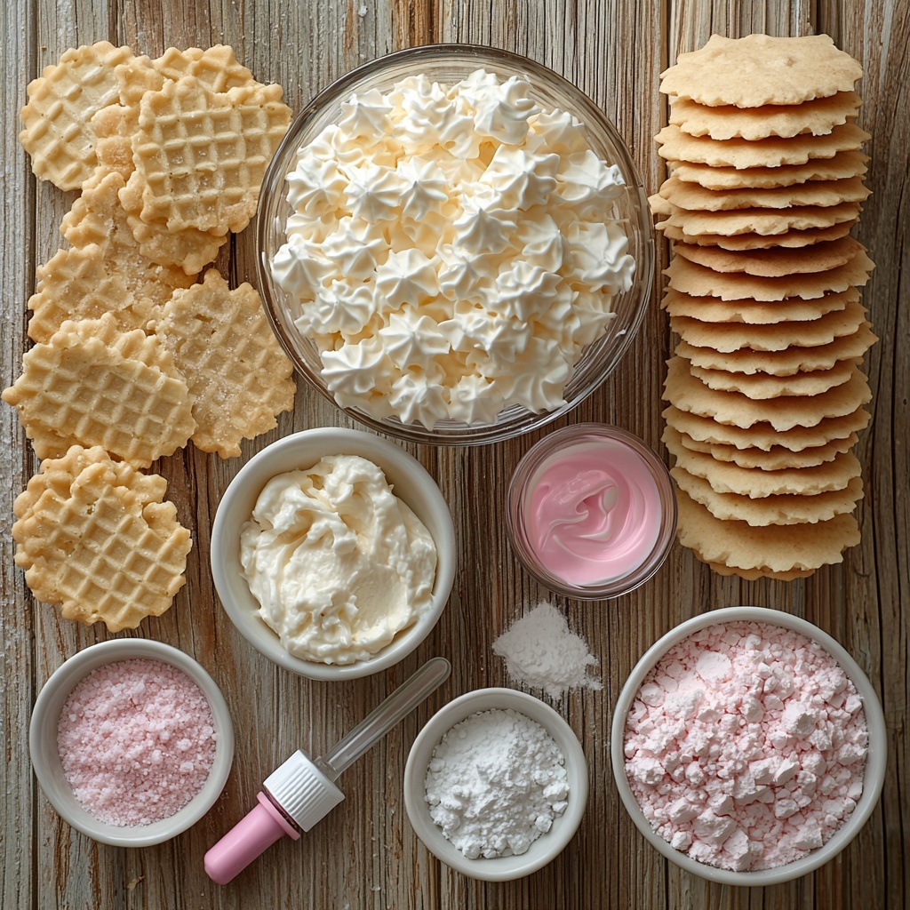 Nilla wafer cookies neatly stacked and scattered, smooth softened cream cheese in a small glass bowl with a metal whisk beside it, a clear measuring cup filled with heavy cream, a small white bowl overflowing with fine confectioners' sugar, a tiny bowl holding granulated sugar crystals, an opened individual packet of vibrant pink lemonade mix spilling some powder, a small dropper bottle with bright pink food coloring and a few drops on a white ceramic spoon. All ingredients arranged on a clean, light-colored wood surface that accentuates the soft creams and warm golden wafers. Soft natural light highlights the creamy textures, powdery sugars, and the vivid pink hues of the lemonade mix and food coloring. Minimalistic styling with subtle shadows and slight scattered sugar for an inviting, fresh feel. Overhead shot, top down view, flat lay photography, professional food styling --ar 1:1 --q 2 --s 750 --v 6.1
