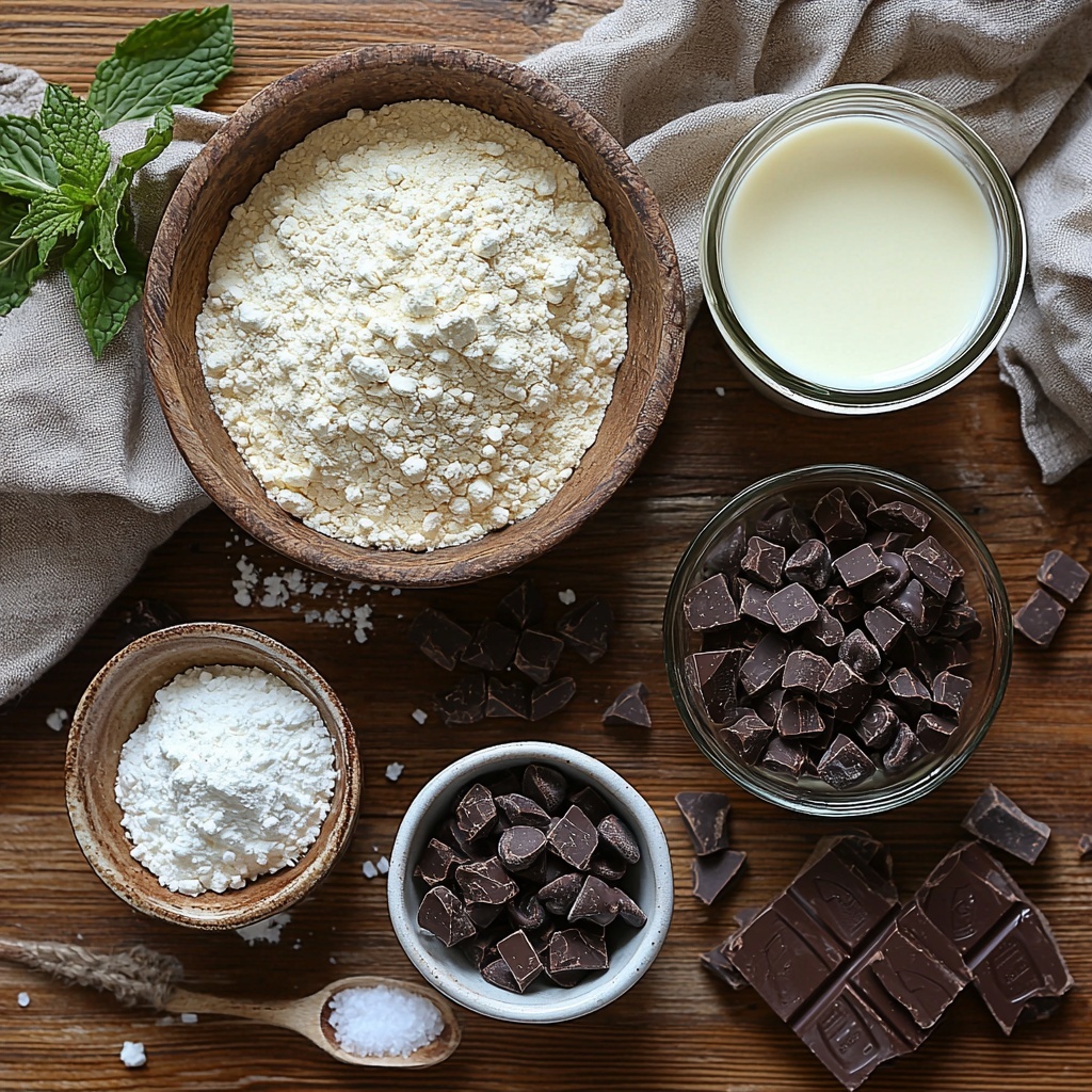 A clean, light wood surface with all main ingredients for protein-packed Greek yogurt brownies carefully arranged in an aesthetically pleasing flat lay: a small rustic bowl of pale beige all-purpose flour, a neat heap of rich dark brown cocoa powder on a white ceramic dish, a small glass bowl filled with fine granulated monk fruit sweetener sparkling softly, a tiny white porcelain spoon holding a mound of fine baking powder, another spoon with delicate white salt crystals, a pristine clear glass jug of creamy white nonfat Greek yogurt, a sleek measuring cup containing smooth, glossy Fairlife milk, a small bowl of deep brown chocolate protein powder with a slightly powdery texture, a ramekin filled with glossy semi-melted dark chocolate chips emitting rich warmth, and a few loose chocolate chips casually scattered nearby for topping. The natural textures contrast beautifully—the powdery dry ingredients, the creamy yogurt and milk, and the shiny melted chocolate—with soft, natural daylight casting gentle shadows. Minimal props, neutral-toned linen napkin folded artfully on the side to add warmth, and subtle green sprigs of fresh mint for a pop of color to enhance the earthy palette. overhead shot, top down view, flat lay photography, professional food styling --ar 1:1 --q 2 --s 750 --v 6.1