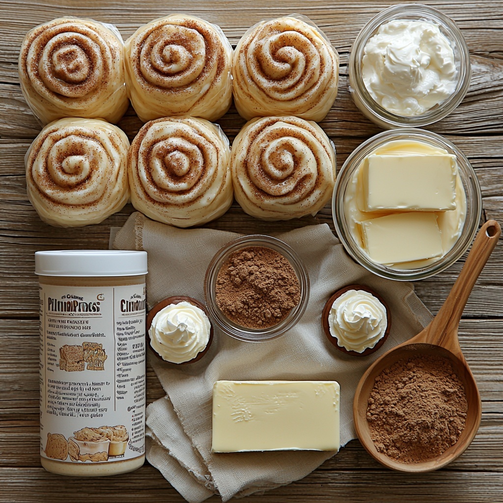 2 cans of Pillsbury Grands! Cinnabon Cinnamon Rolls in their packaging, a small bowl of rich golden melted butter mixed with dark brown sugar and warm cinnamon, a glass measuring cup filled with creamy white heavy cream, a stick of pale yellow butter, a block of smooth cream cheese with a small spoon of vanilla extract beside it, a rustic wooden spoon resting on a folded neutral linen napkin, all neatly arranged on a clean light wood surface. The cinnamon rolls are unwrapped and slightly pulled apart to show their fluffy dough and swirled cinnamon filling. The brown sugar mixture glistens with moisture, while the cream cheese block shows soft texture and a bit of powdery sugar dusting. Soft natural lighting enhances the warm tones and creamy whites, casting gentle shadows to add depth. Minimal props, neutral background, and careful spacing emphasize each ingredient’s texture and color harmony. overhead shot, top down view, flat lay photography, professional food styling --ar 1:1 --q 2 --s 750 --v 6.1